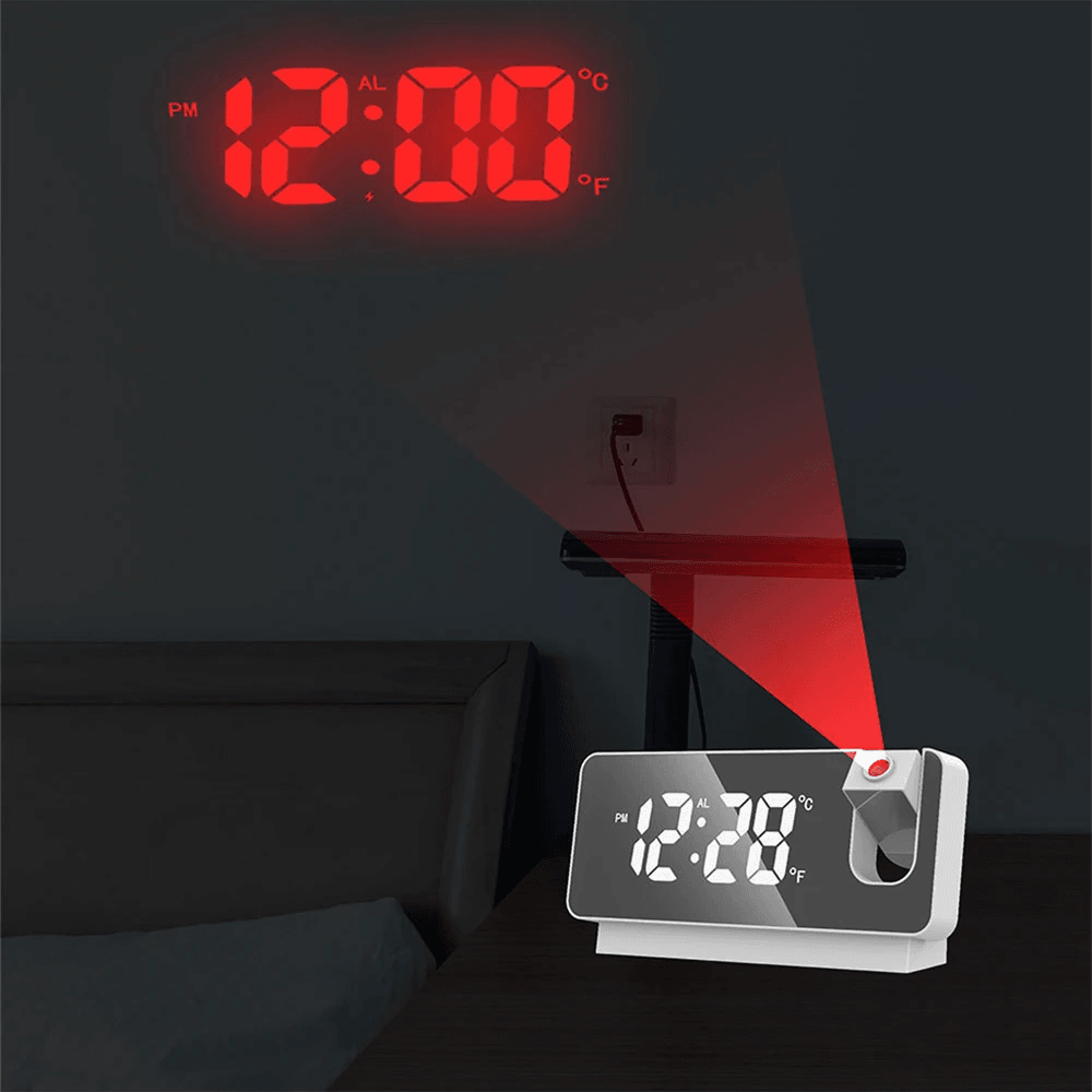 180 degree projection led alarm clock with usb charging and ceiling display