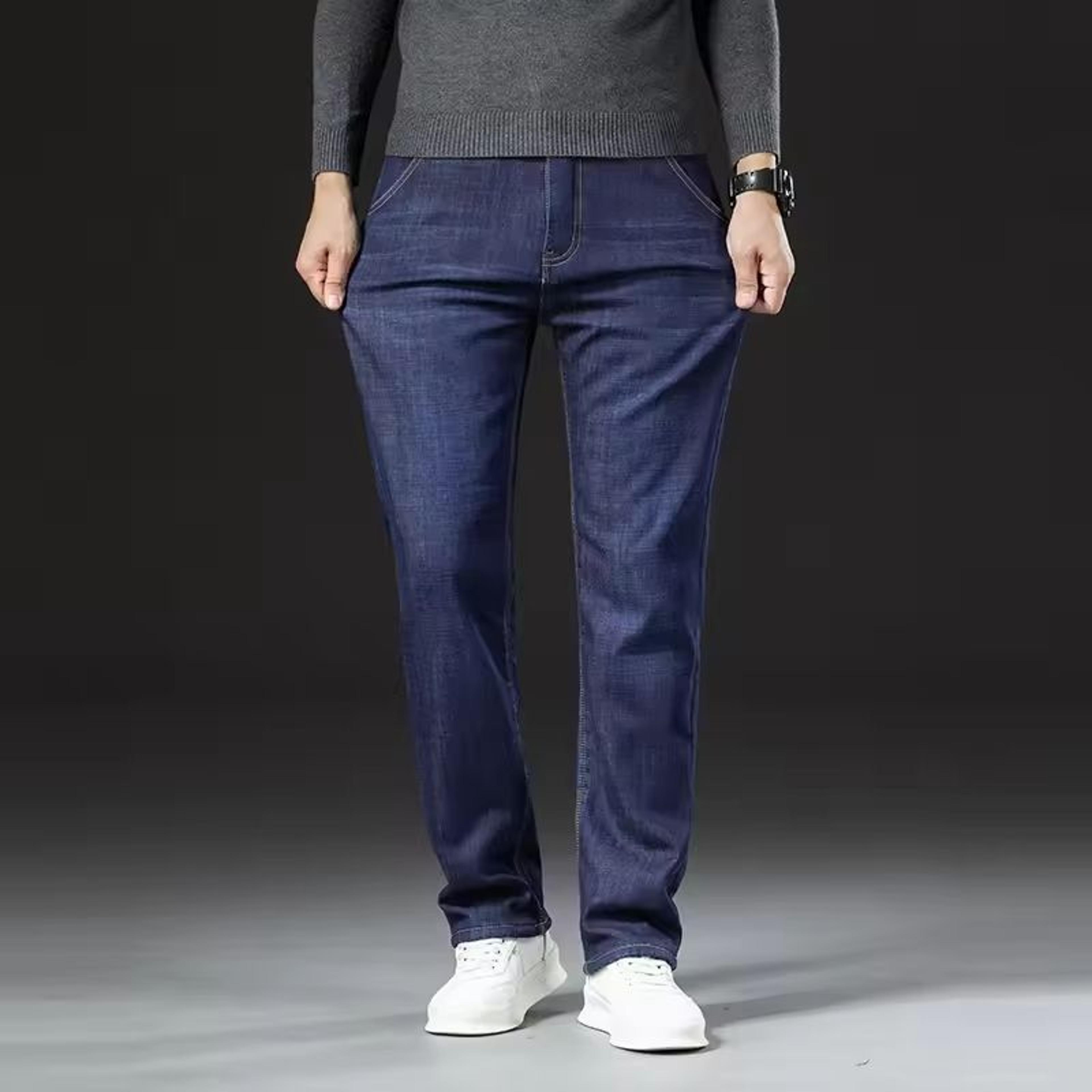 winter fleece lined denim pants for men warm high waist straight fit