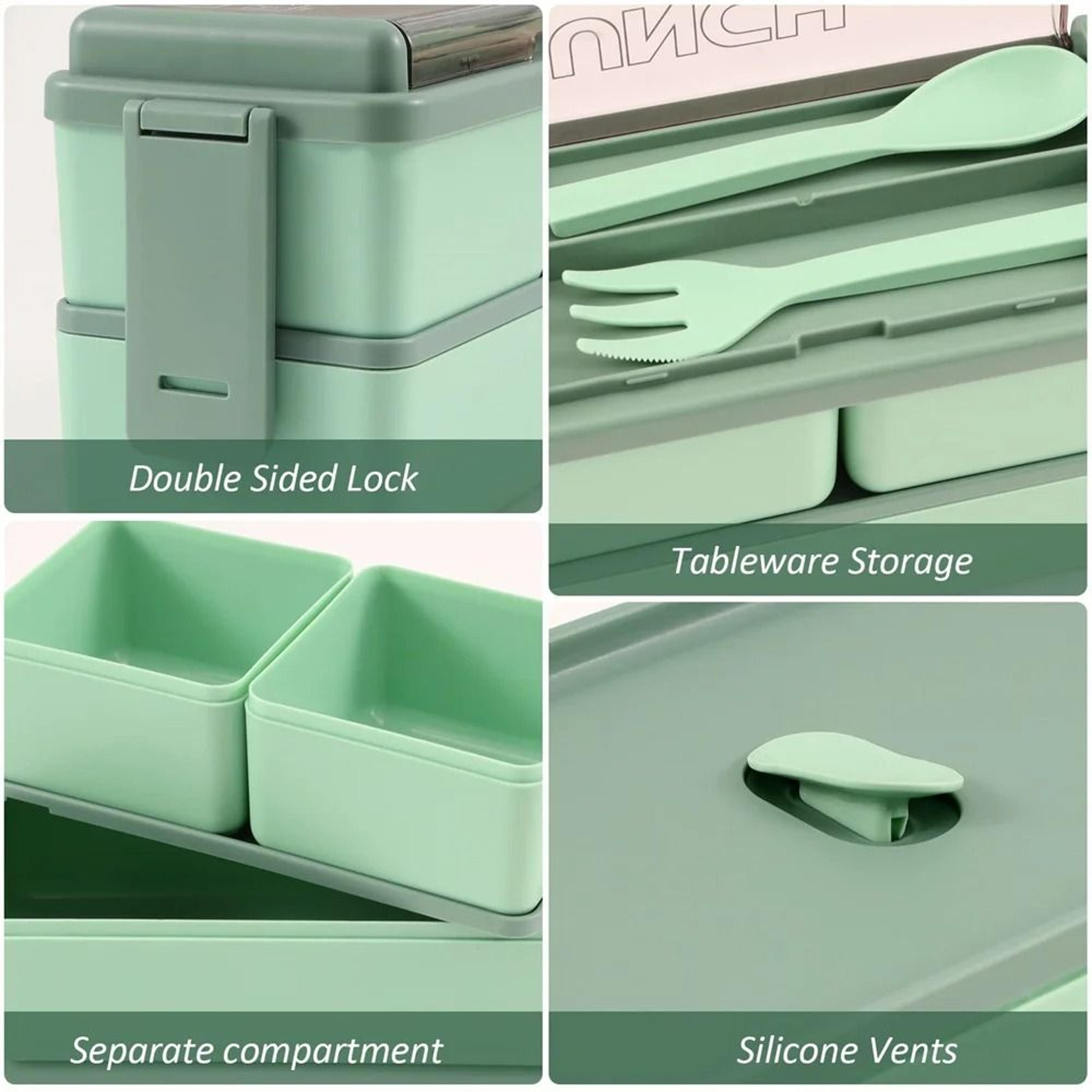 Double Layer Portable Lunch Box For Kids With Fork And Spoon Microwave Safe Bento Food Container 4
