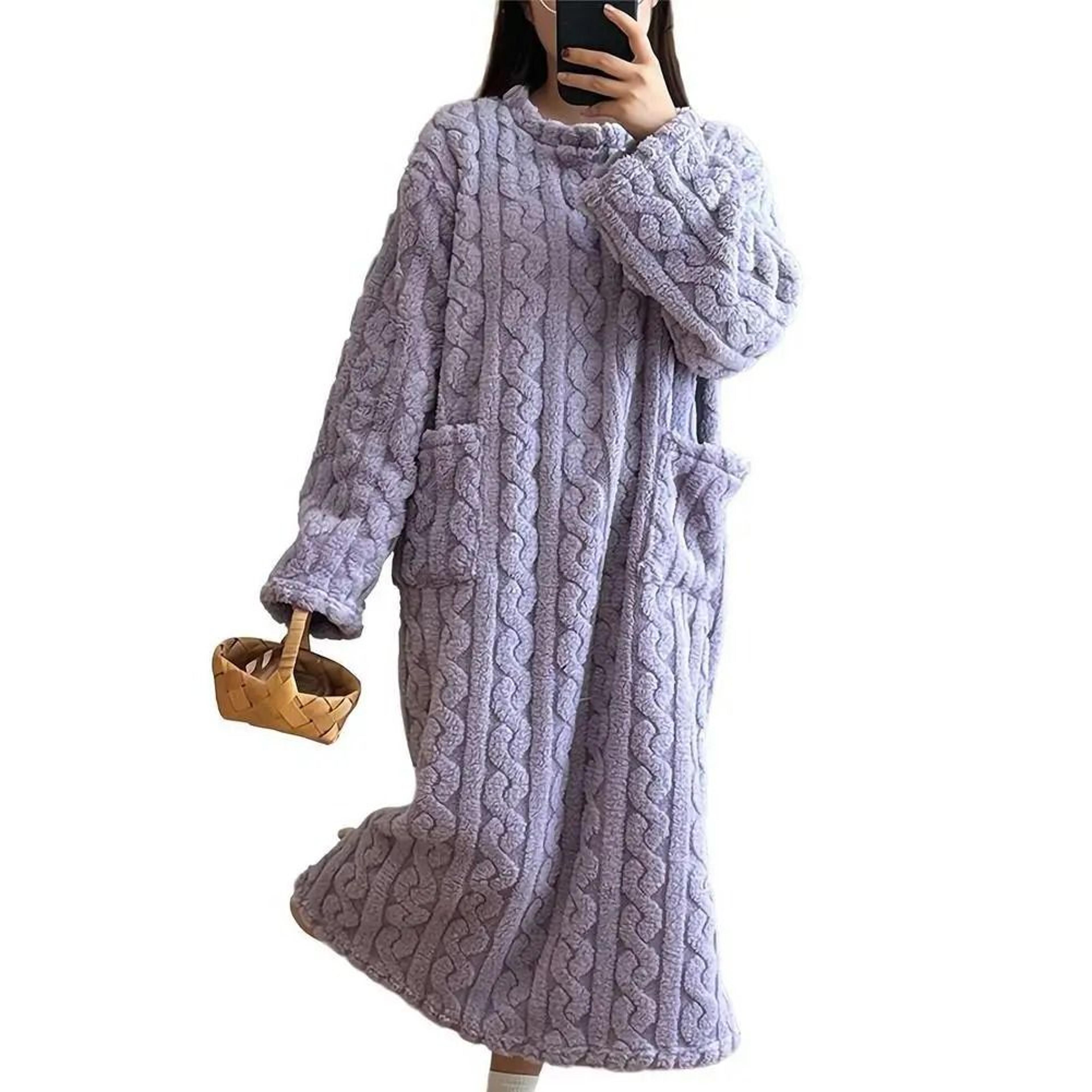 Womens Winter Long Flannel Nightgown With Pockets 11