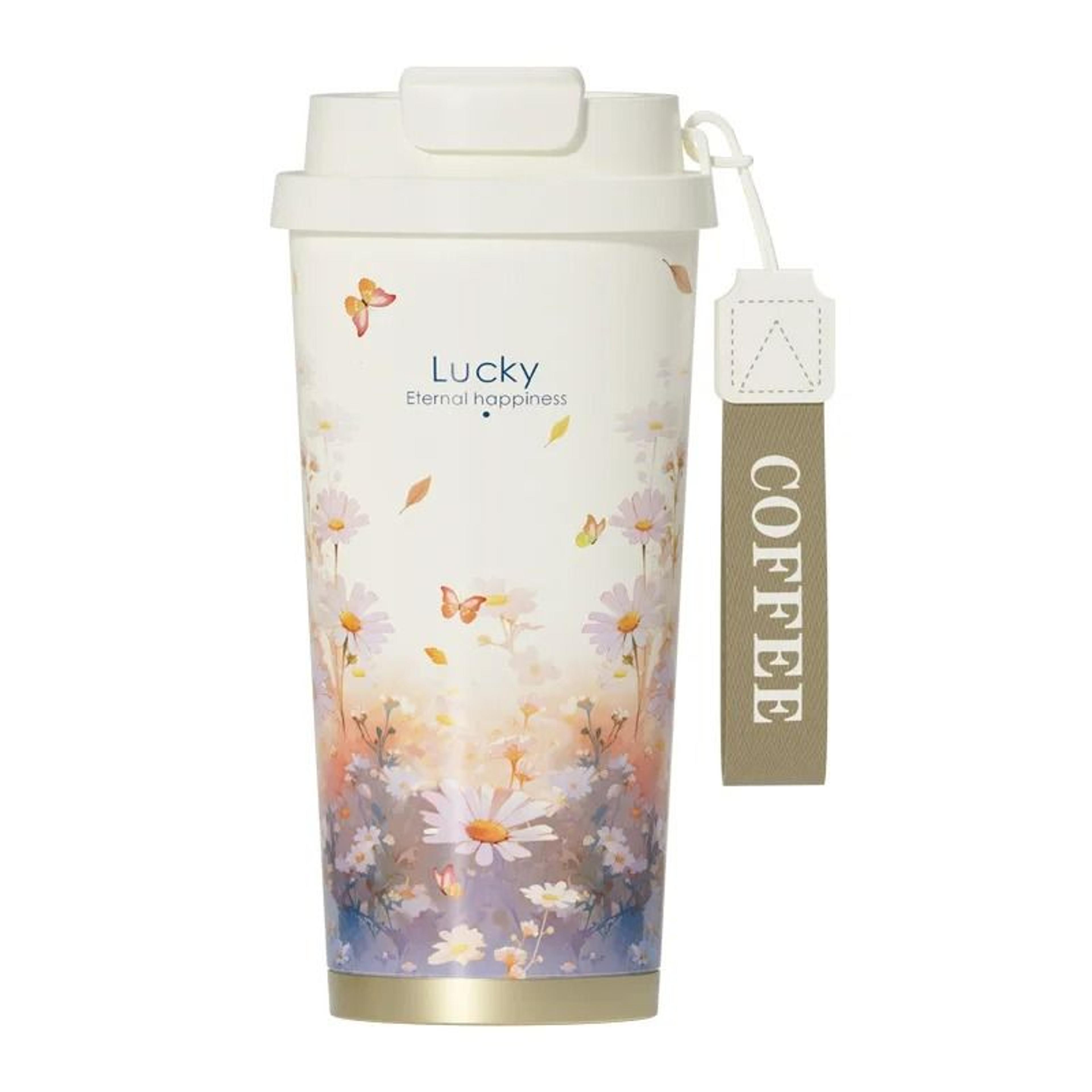 stainless steel vacuum insulated travel tumbler with floral pattern for hot and cold drinks