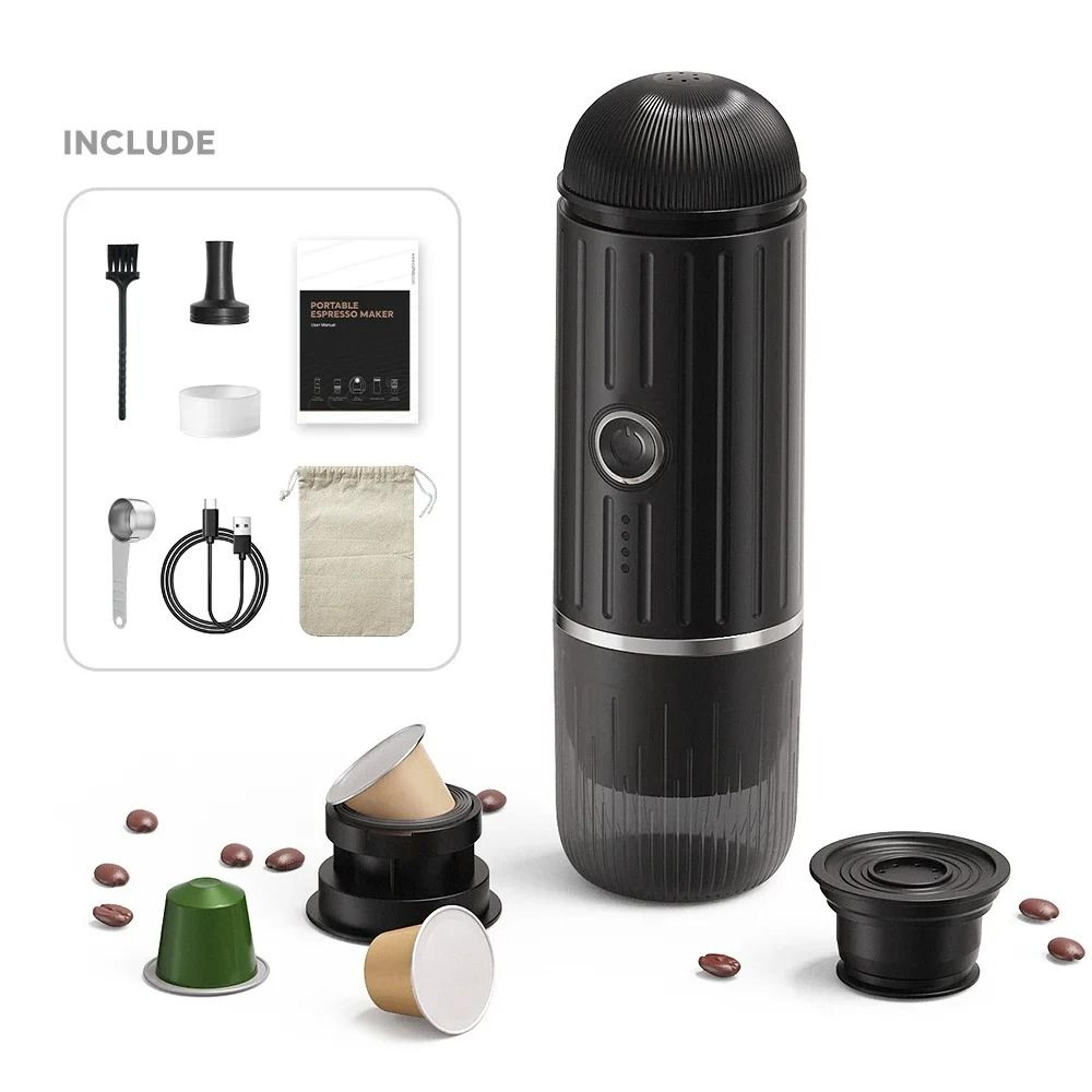 portable 2 in 1 espresso machine with 19 bar pressure and cordless heating for capsules or ground coffee