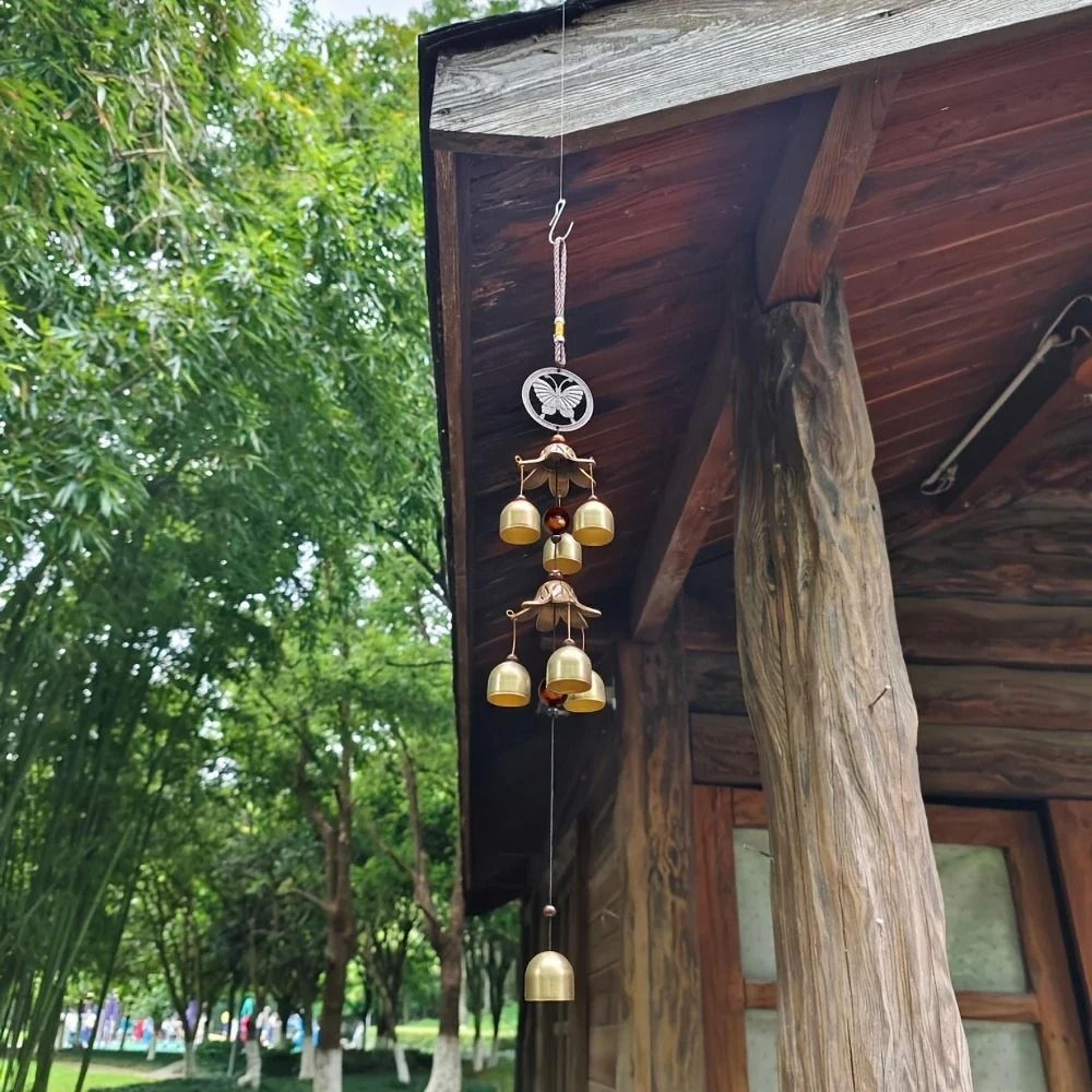 random style double metal bell wind chime brass color hanging decor for garden and patio