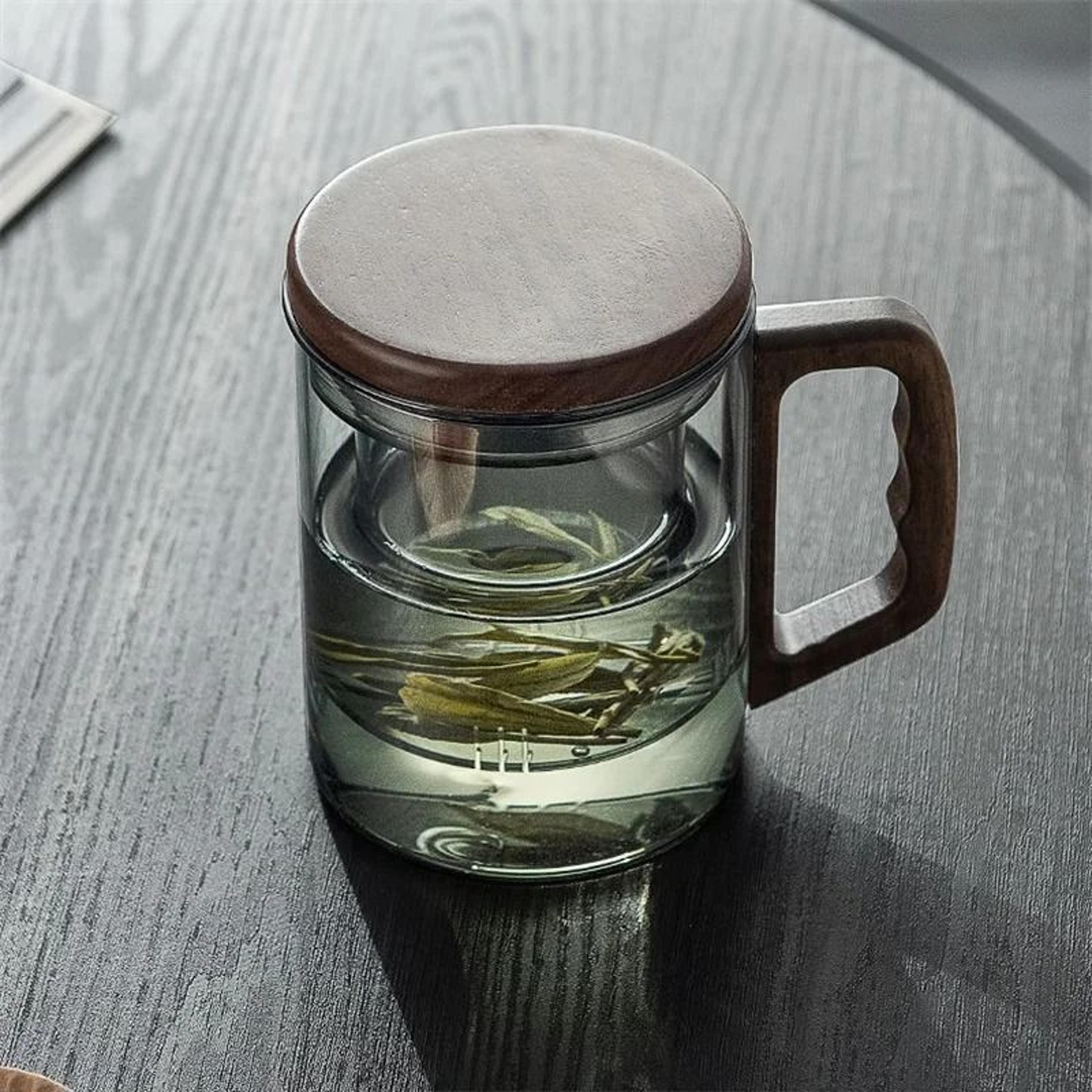 walnut wooden handle glass tea cup with infuser and filter