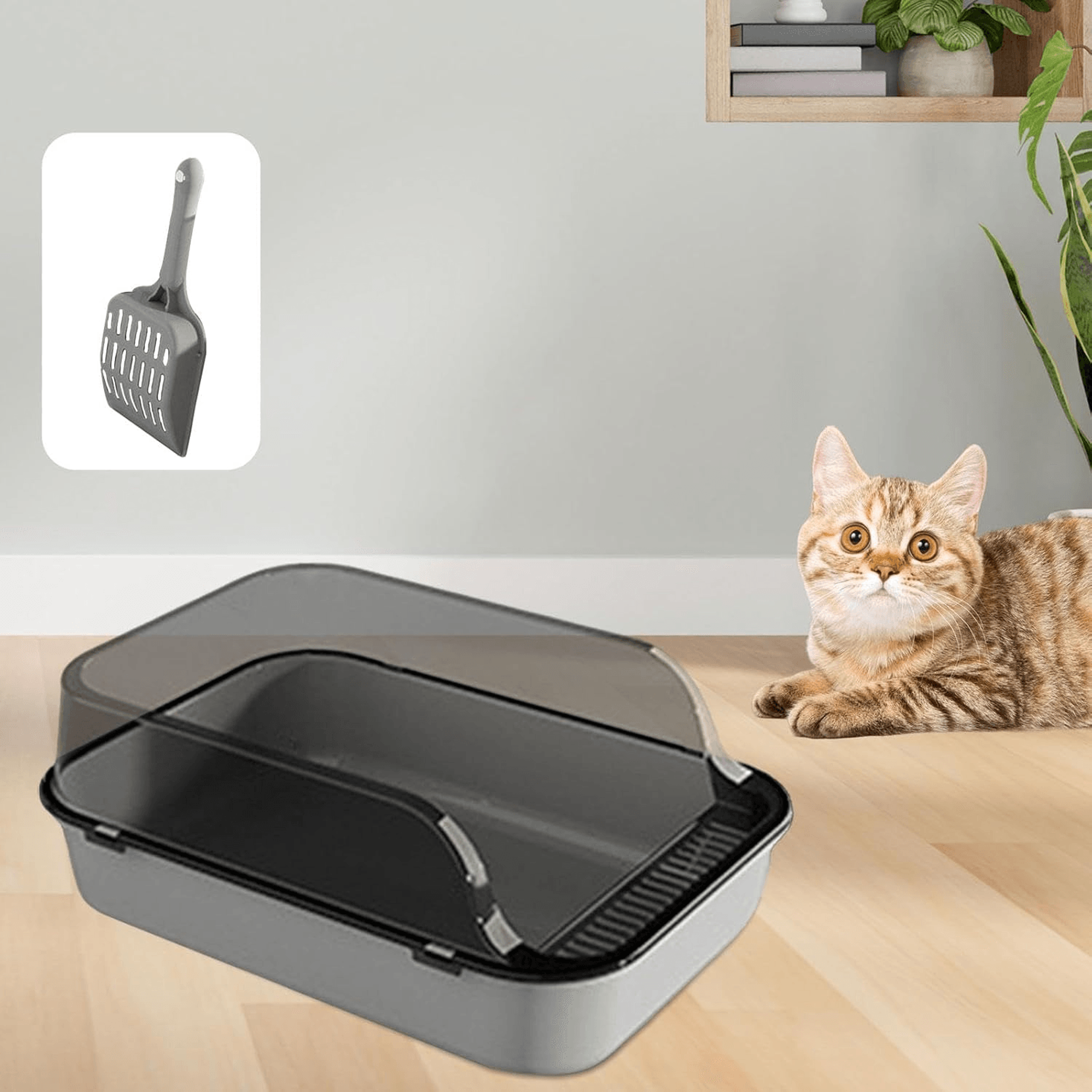 Semi Enclosed Cat Litter Box Splashproof Kitty Toilet With Cleaning Basin 13