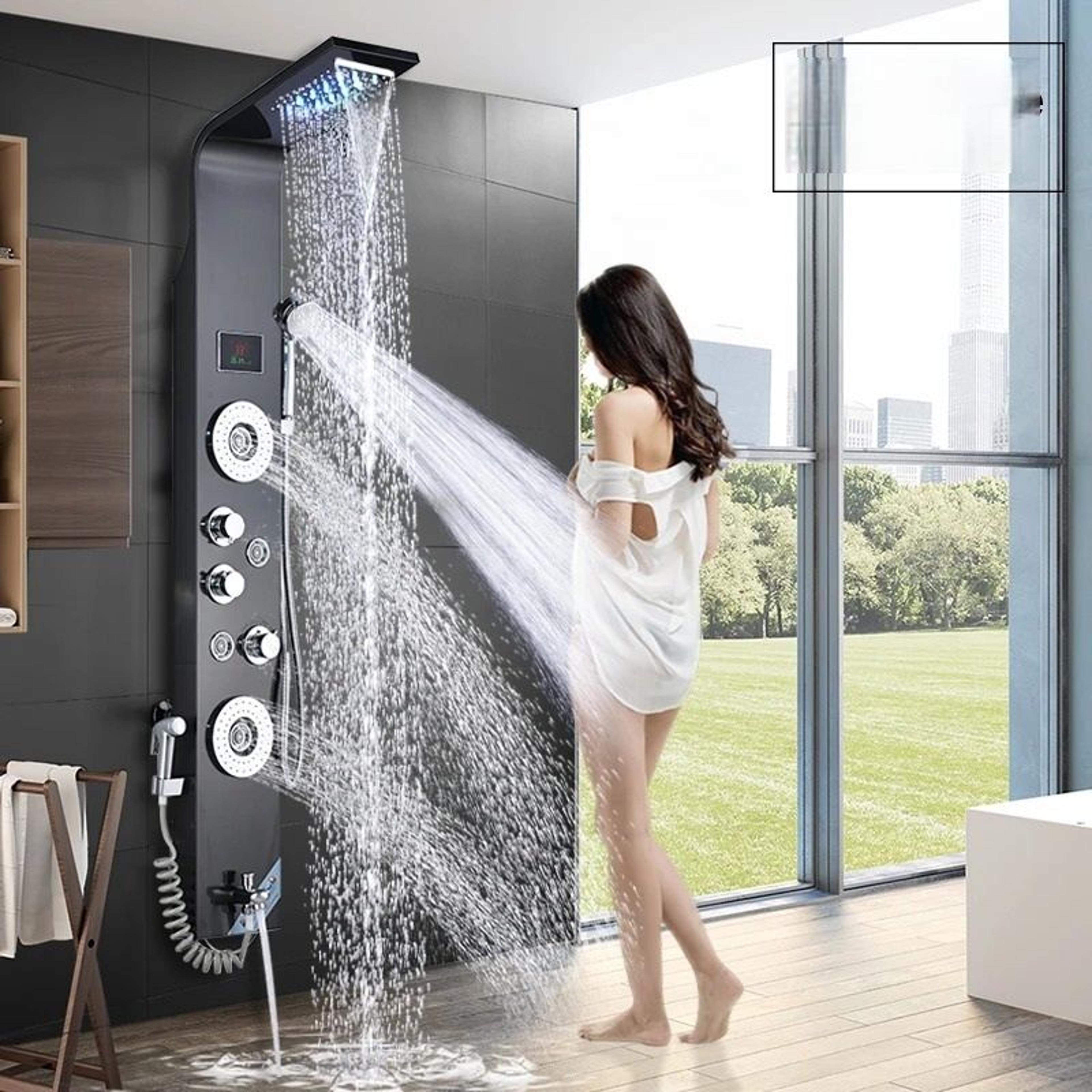 Black LED Light Shower Panel System  Modern Waterfall SPA Massage Column 0