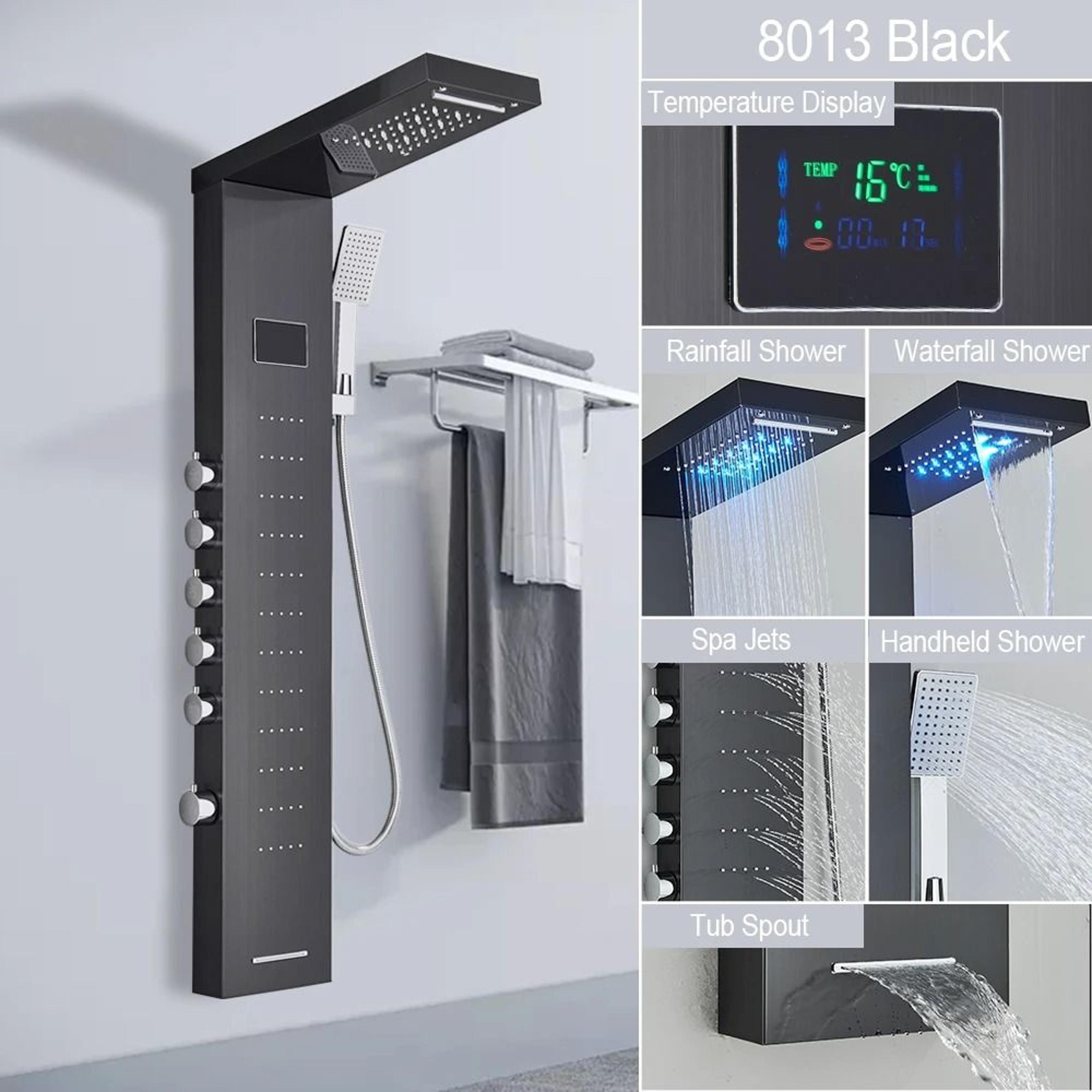 Black LED Light Shower Panel System  Modern Waterfall SPA Massage Column 15