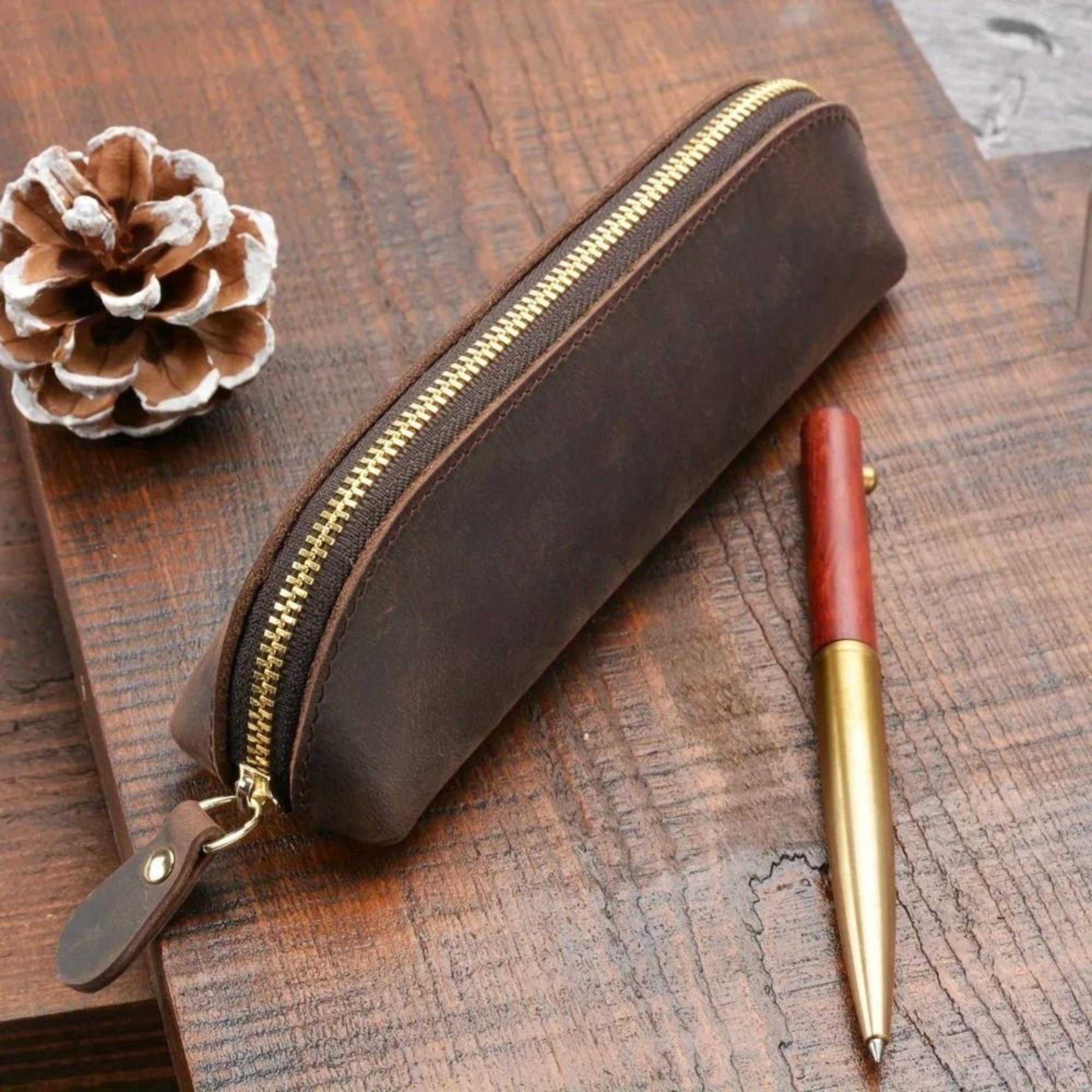 Vintage Leather Pencil Bag  Minimalist Stationery Holder  Travel Pen Case 5