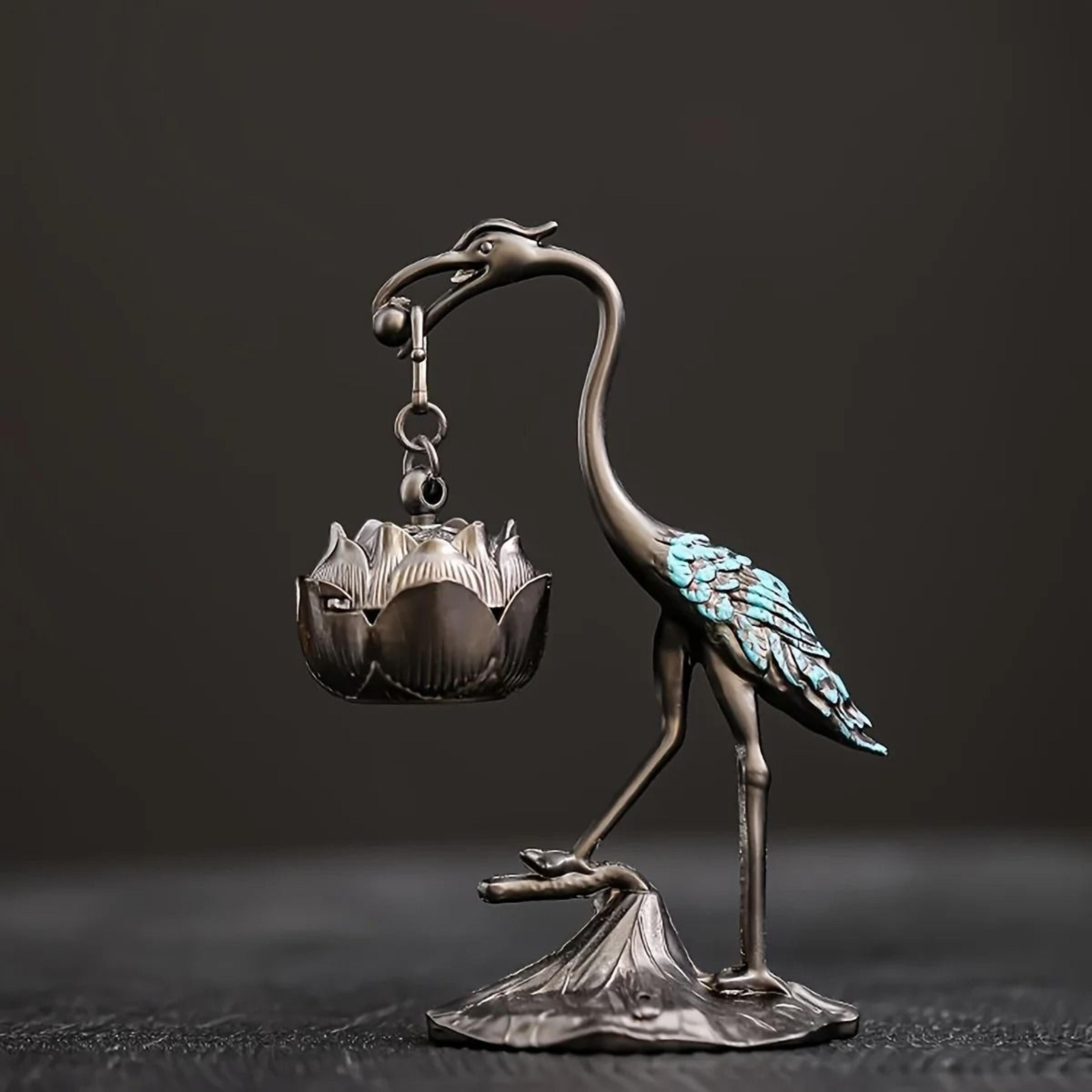 Vintage Crane And Lotus Incense Burner  Brass Aesthetic Line Incense Holder 3