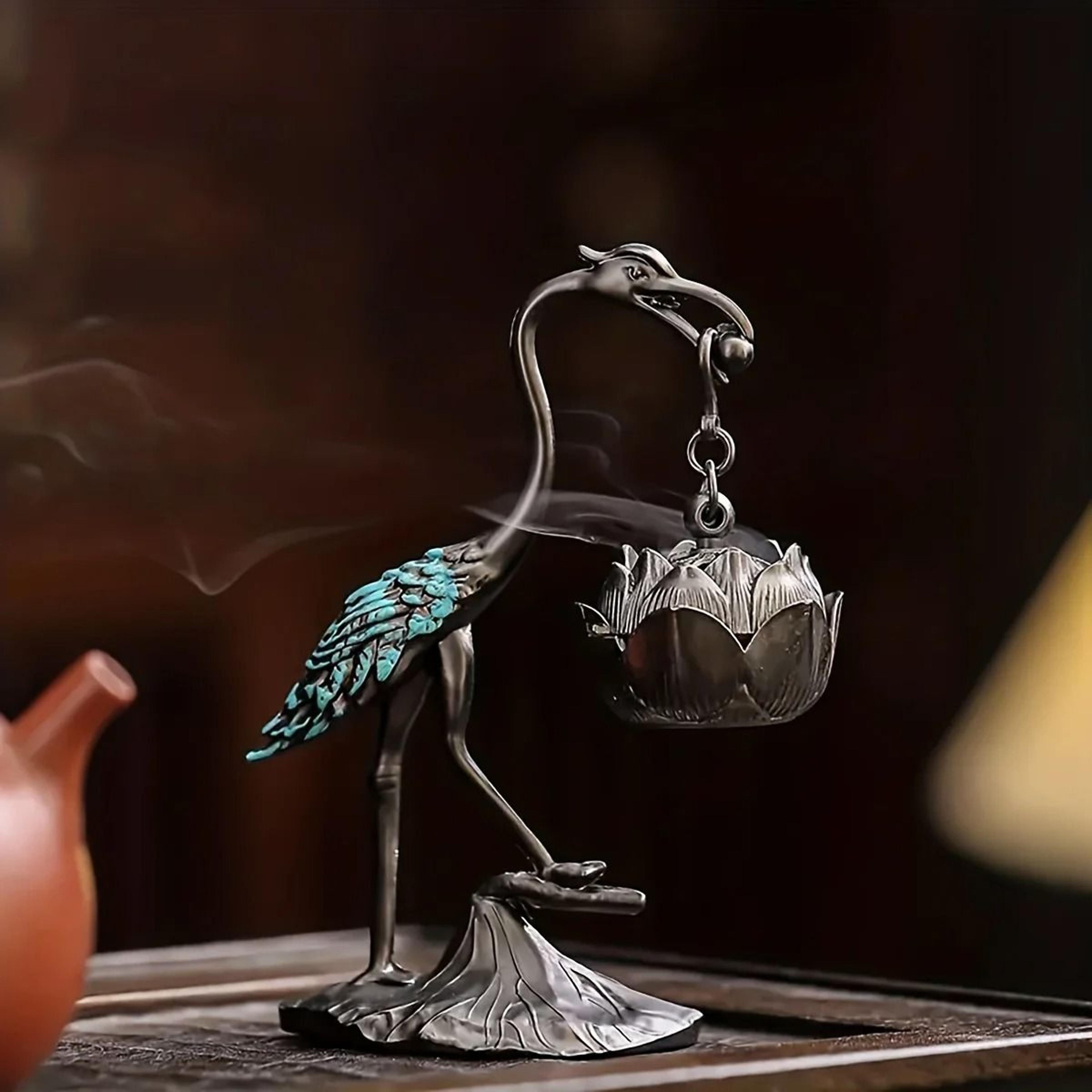 Vintage Crane And Lotus Incense Burner  Brass Aesthetic Line Incense Holder 4