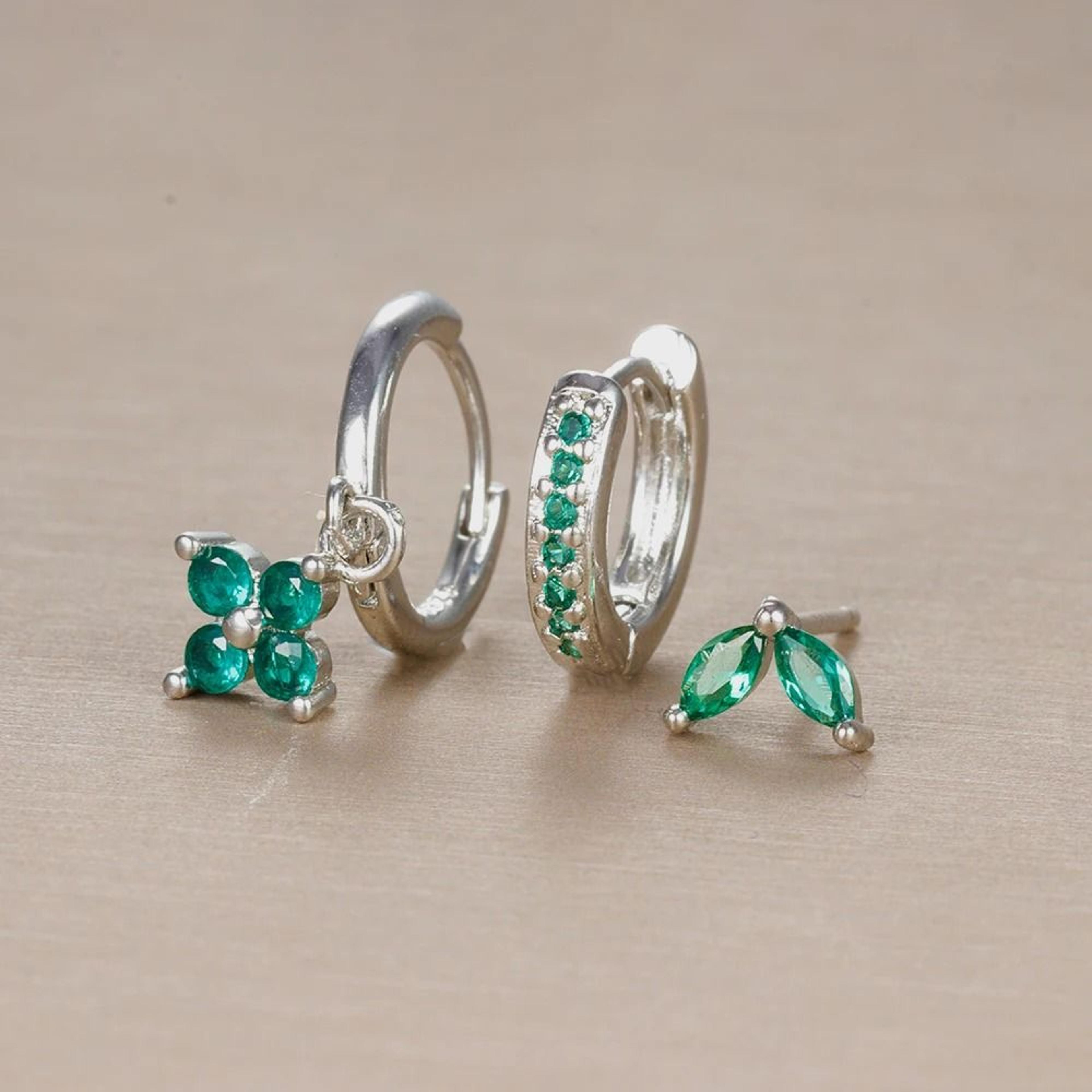 3Piece Green Crystal Stainless Steel Hoop Set 7