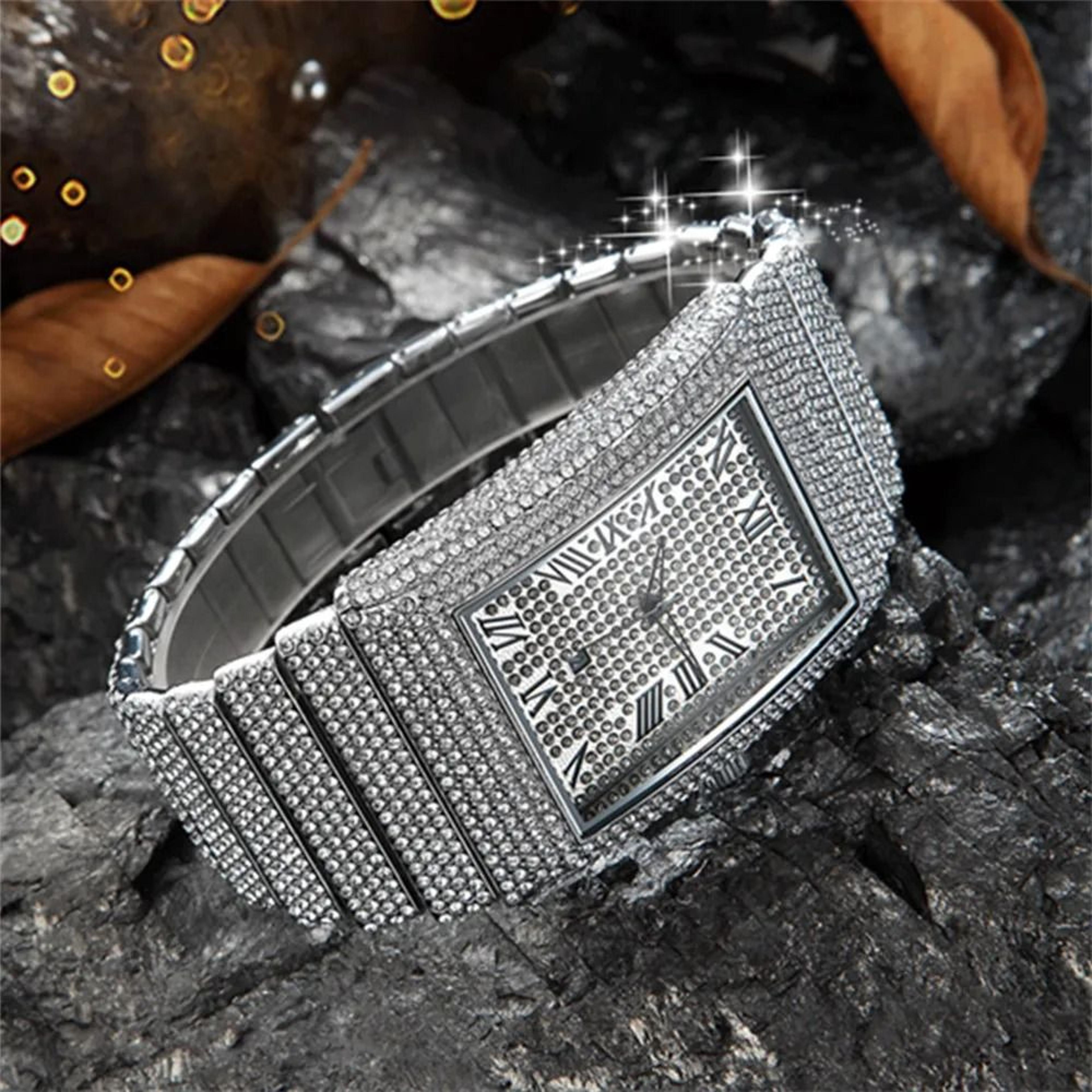Luxury IcedOut Rectangular Executive Watch  HipHop Diamond Date Quartz Timepiece In Lustrous Gold 3