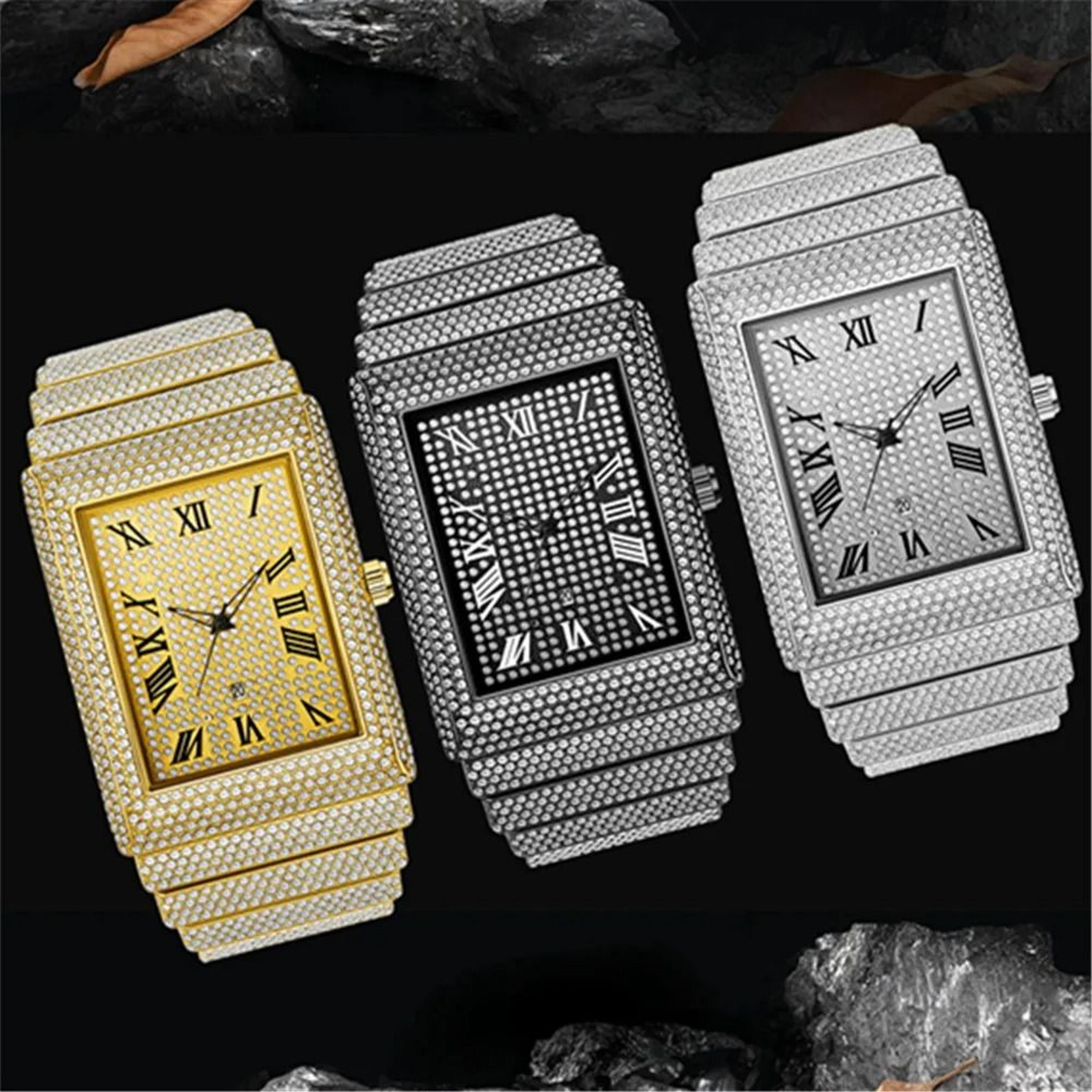Luxury IcedOut Rectangular Executive Watch  HipHop Diamond Date Quartz Timepiece In Lustrous Gold 5