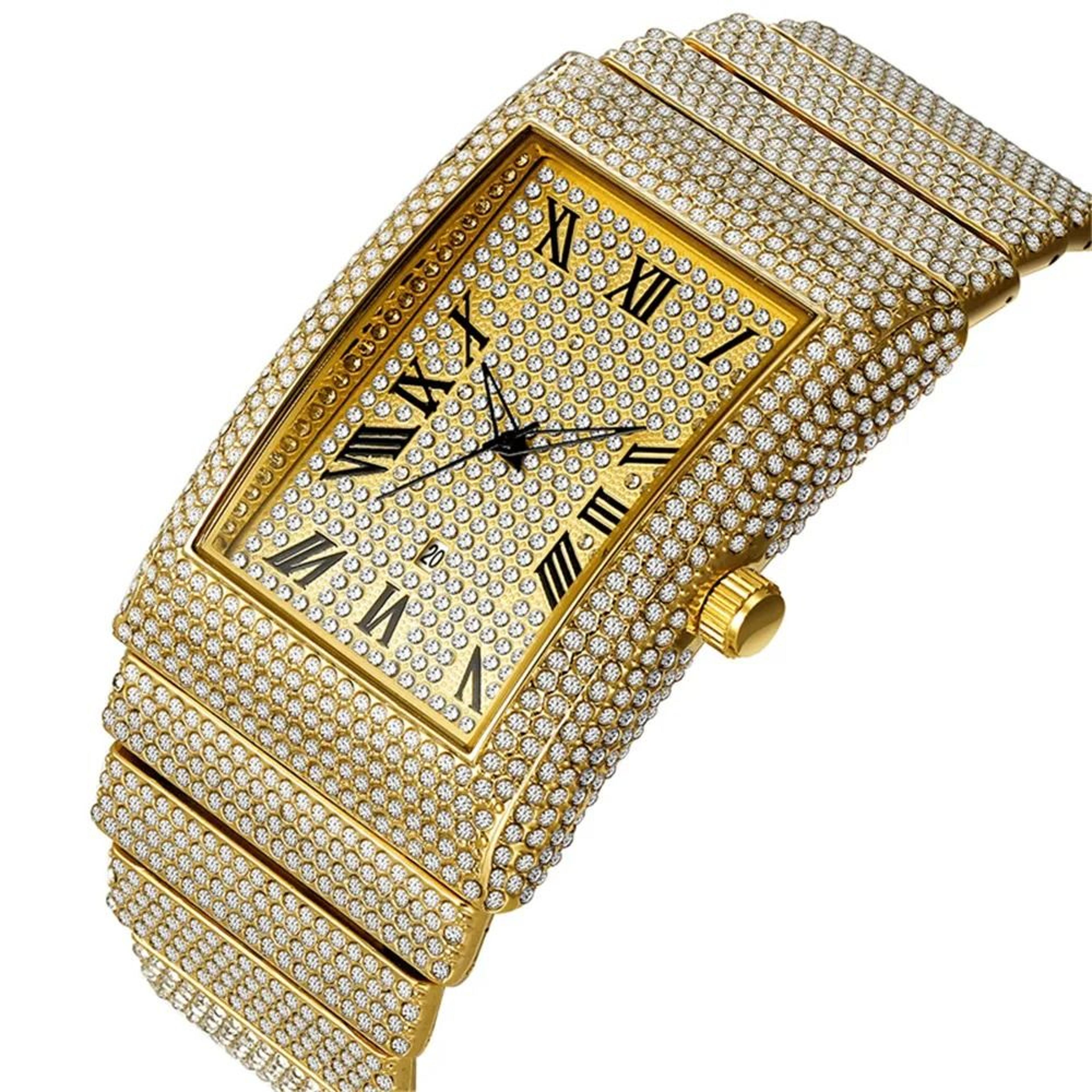 Luxury IcedOut Rectangular Executive Watch  HipHop Diamond Date Quartz Timepiece In Lustrous Gold 6