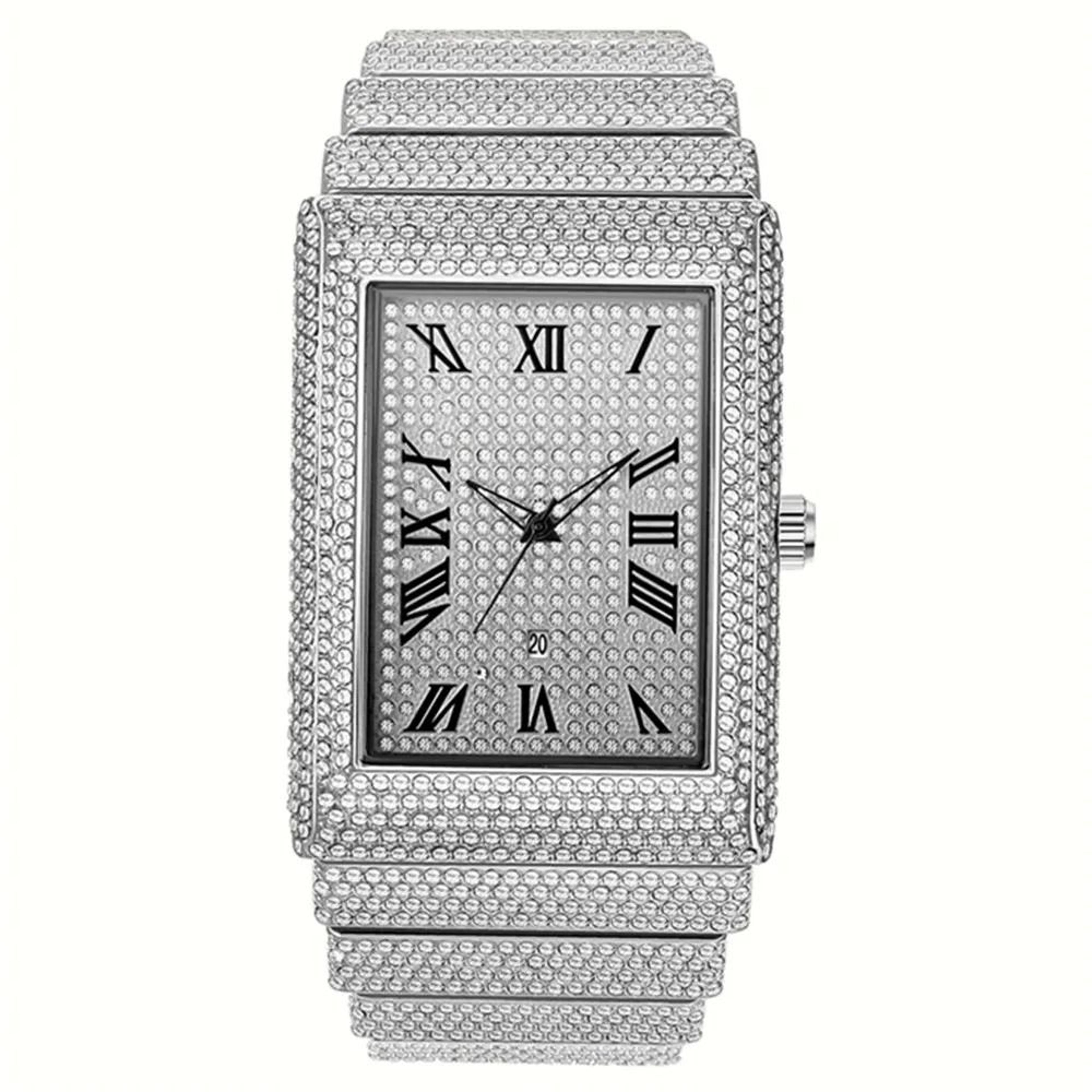 Luxury IcedOut Rectangular Executive Watch  HipHop Diamond Date Quartz Timepiece In Lustrous Gold 7