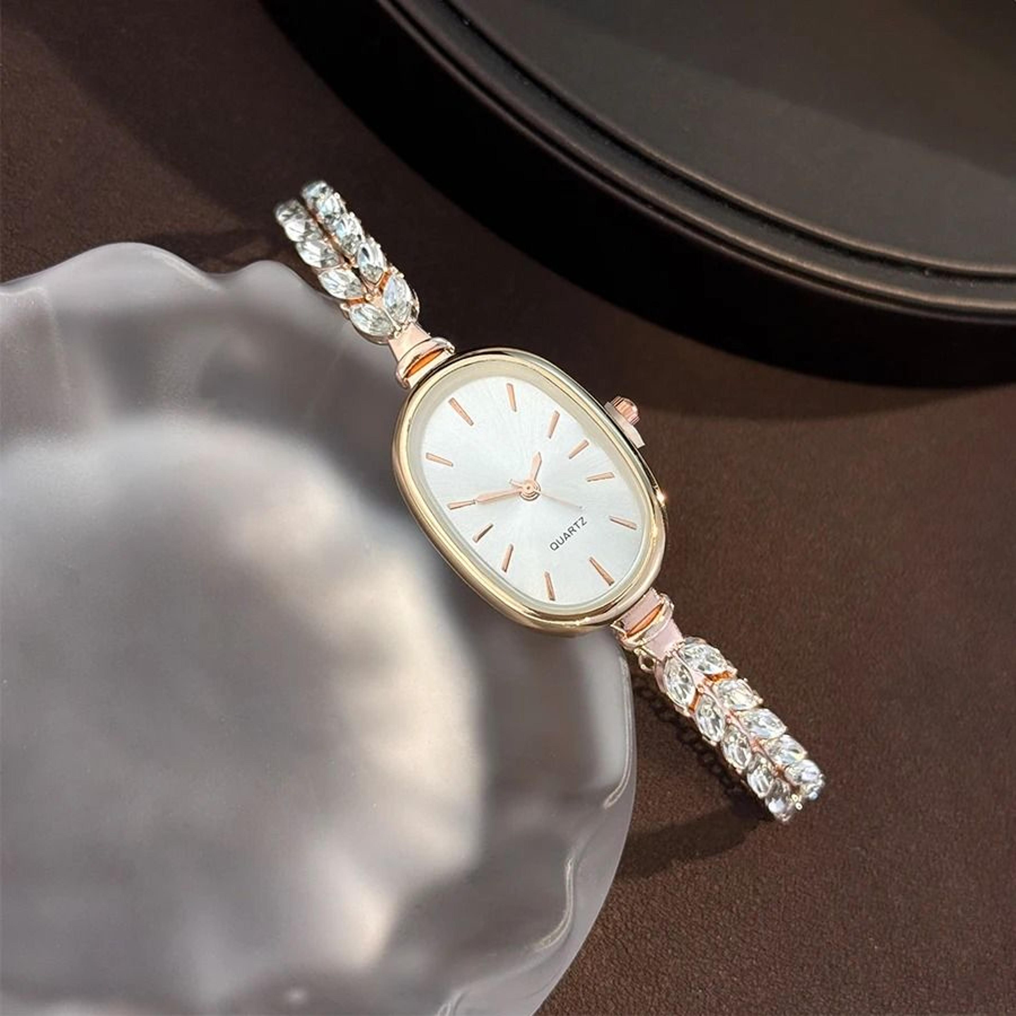 Oval LeafDiamond Bracelet Watch  Super Convenient PullCord Quartz Timepiece With NatureInspired Acc 4