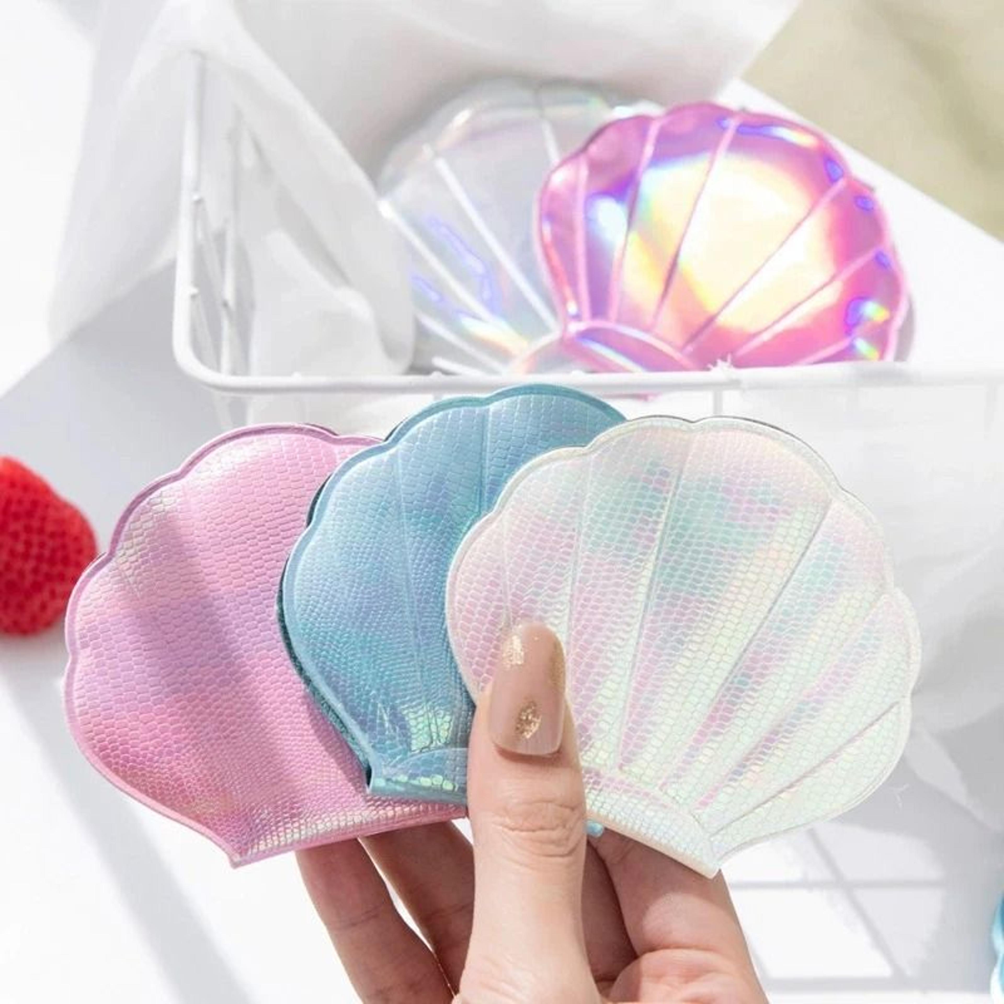 Iridescent ShellShaped Compact Mirror  DualSided 2X Magnifying Travel Tool 4