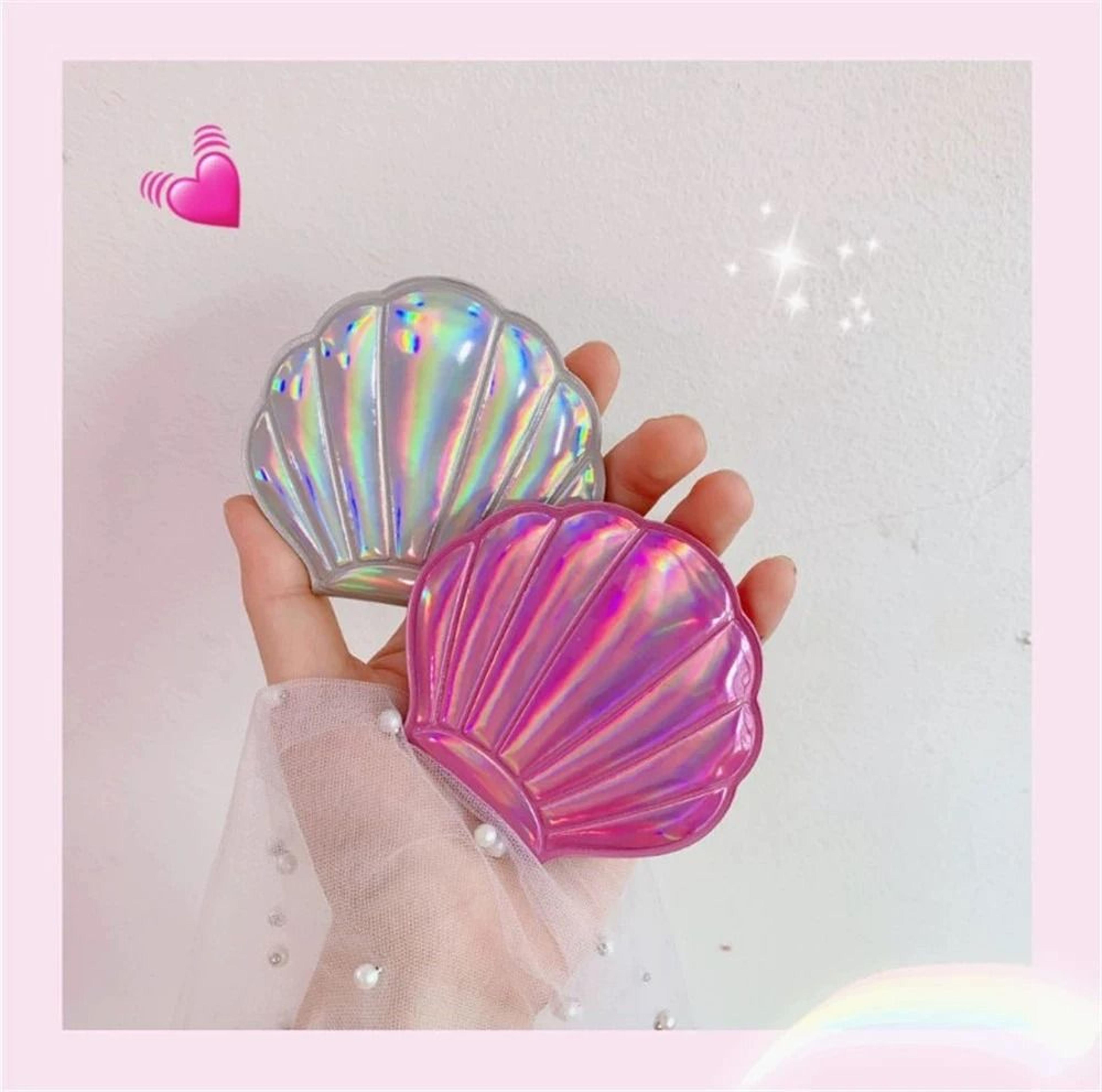 Iridescent ShellShaped Compact Mirror  DualSided 2X Magnifying Travel Tool 5