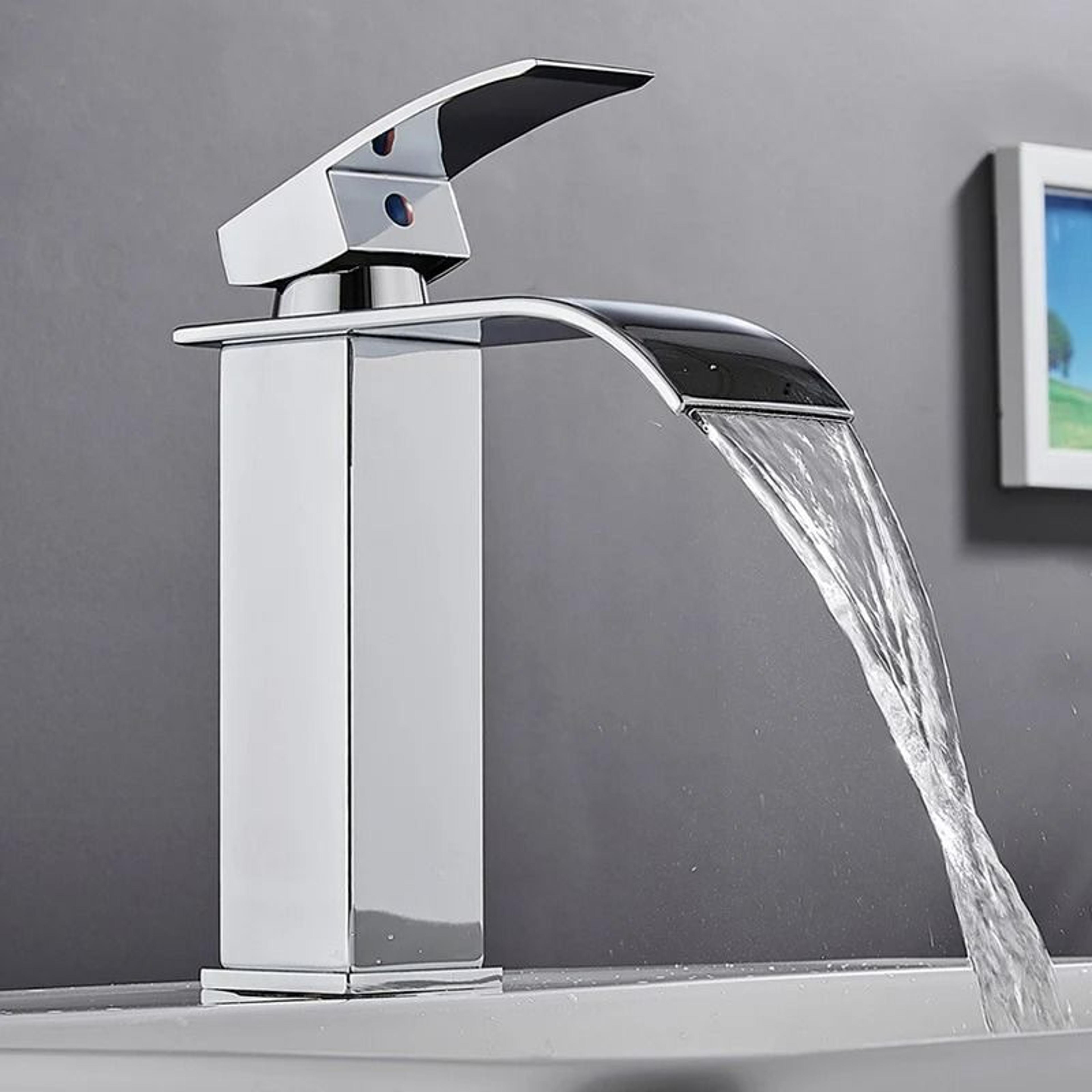 Luxury Waterfall Basin Mixer  Hot  Cold DualControl Square Waterfall Faucet 0
