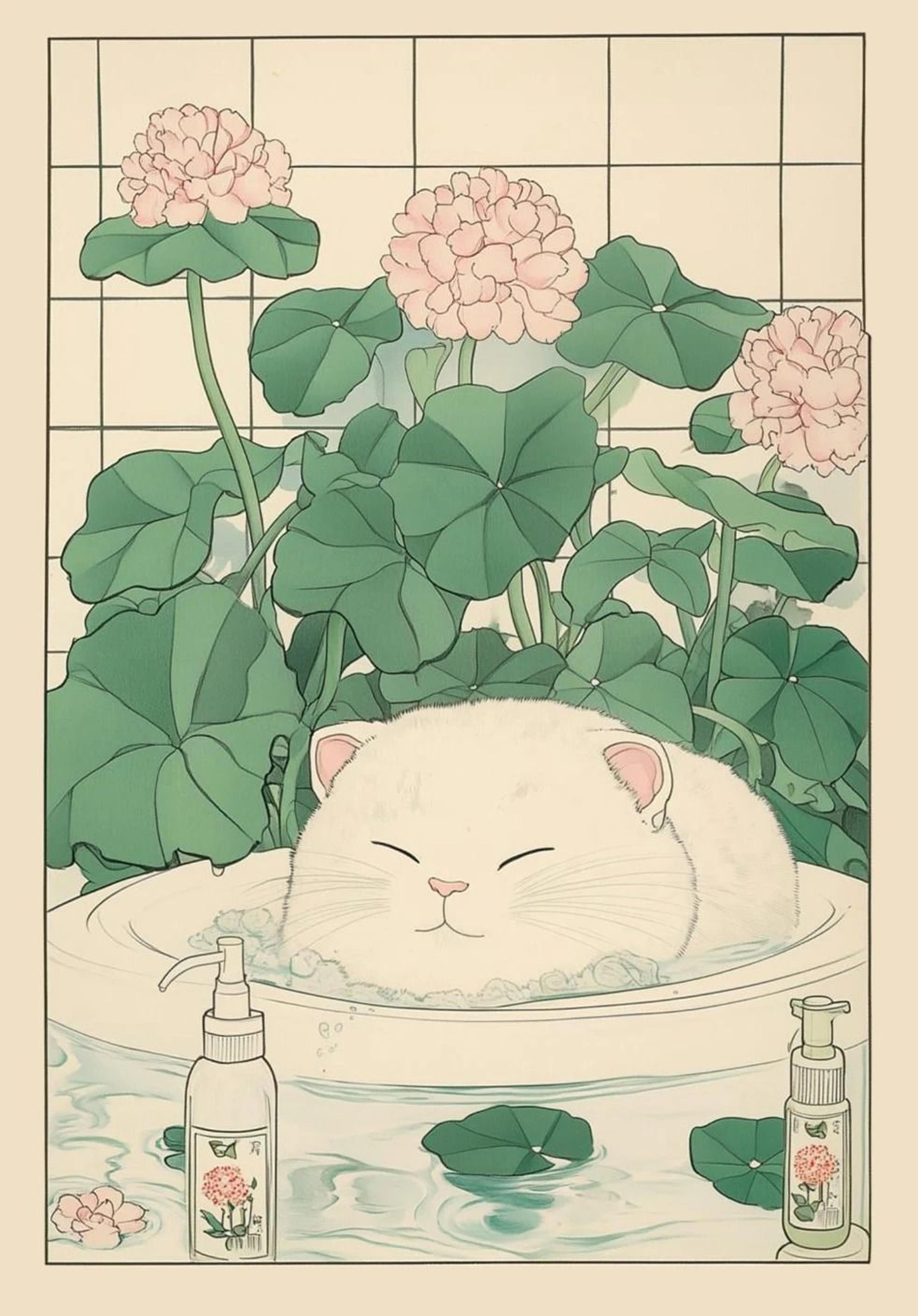 Japanese Tabby Cat In Bathtub  Retro Aesthetic Japandi Canvas Art 10