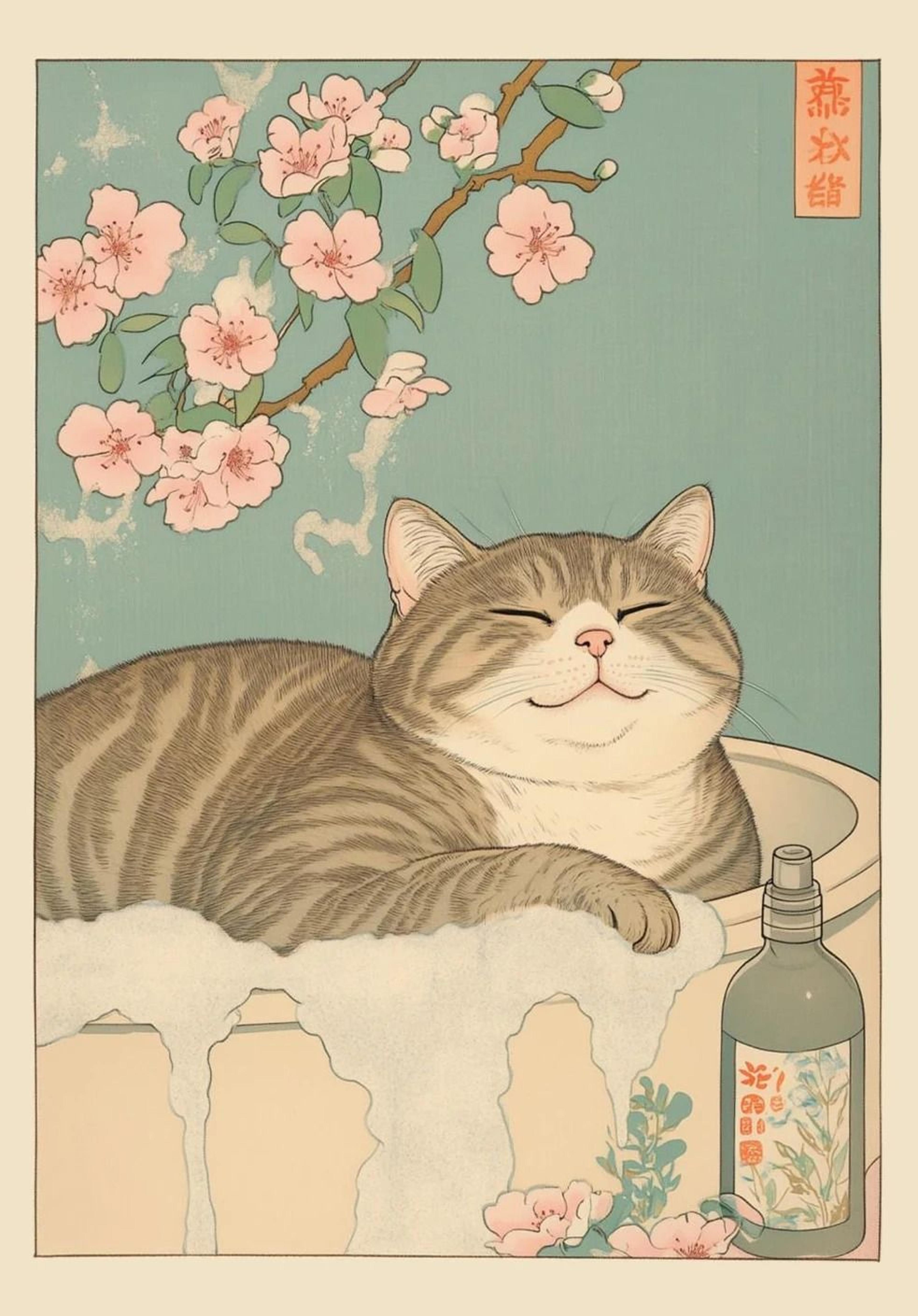 Japanese Tabby Cat In Bathtub  Retro Aesthetic Japandi Canvas Art 13