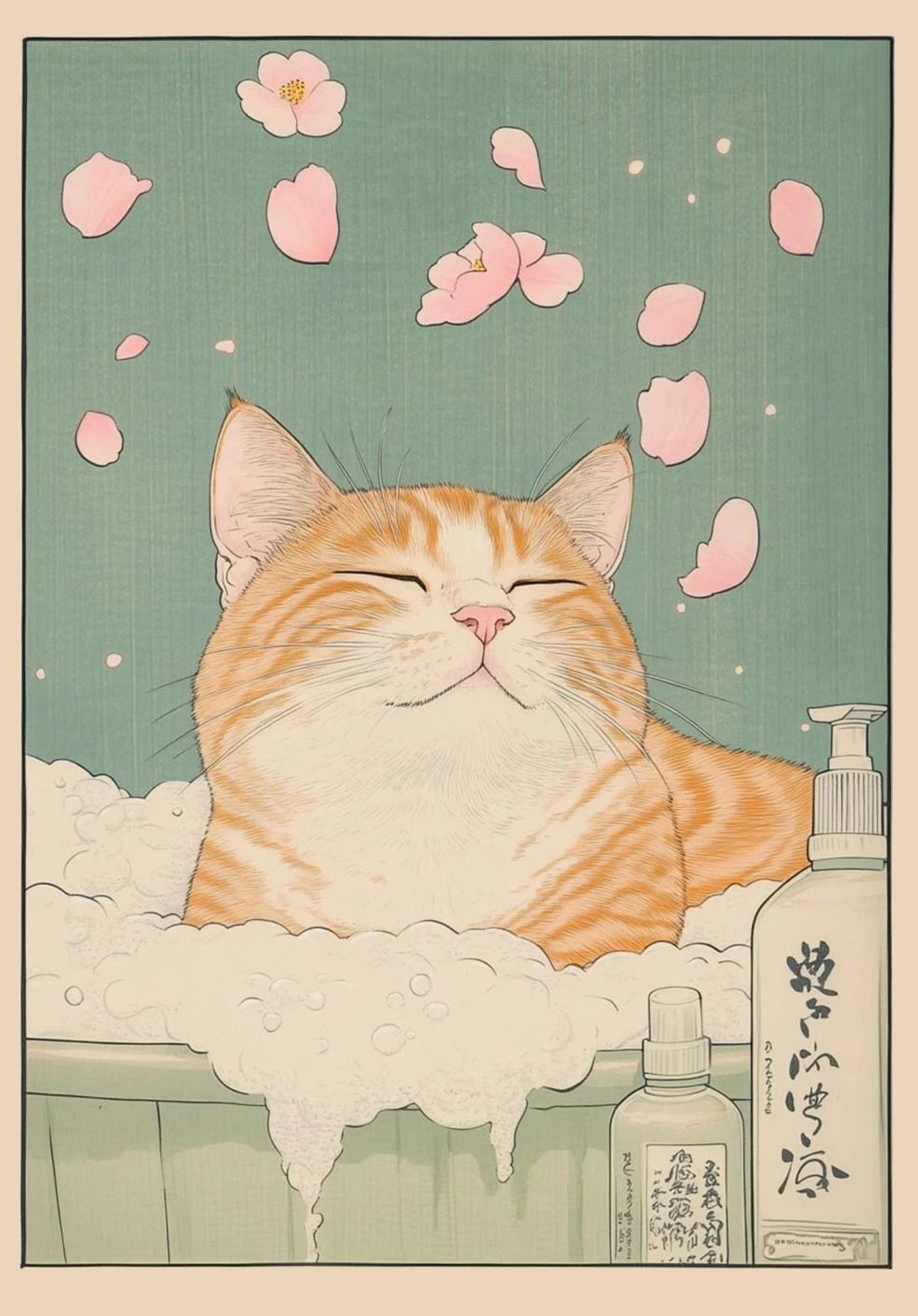 Japanese Tabby Cat In Bathtub  Retro Aesthetic Japandi Canvas Art 14