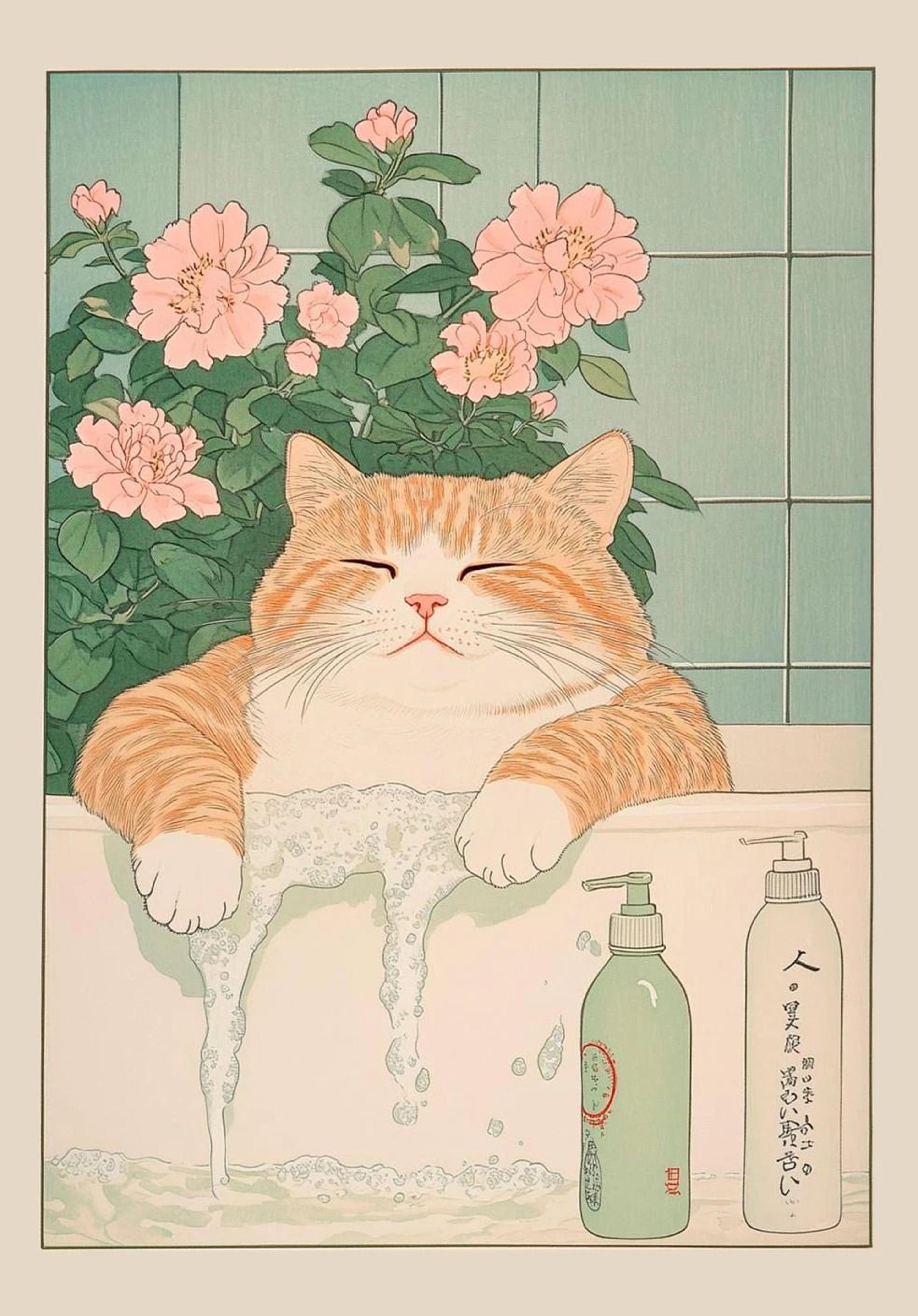 Japanese Tabby Cat In Bathtub  Retro Aesthetic Japandi Canvas Art 17