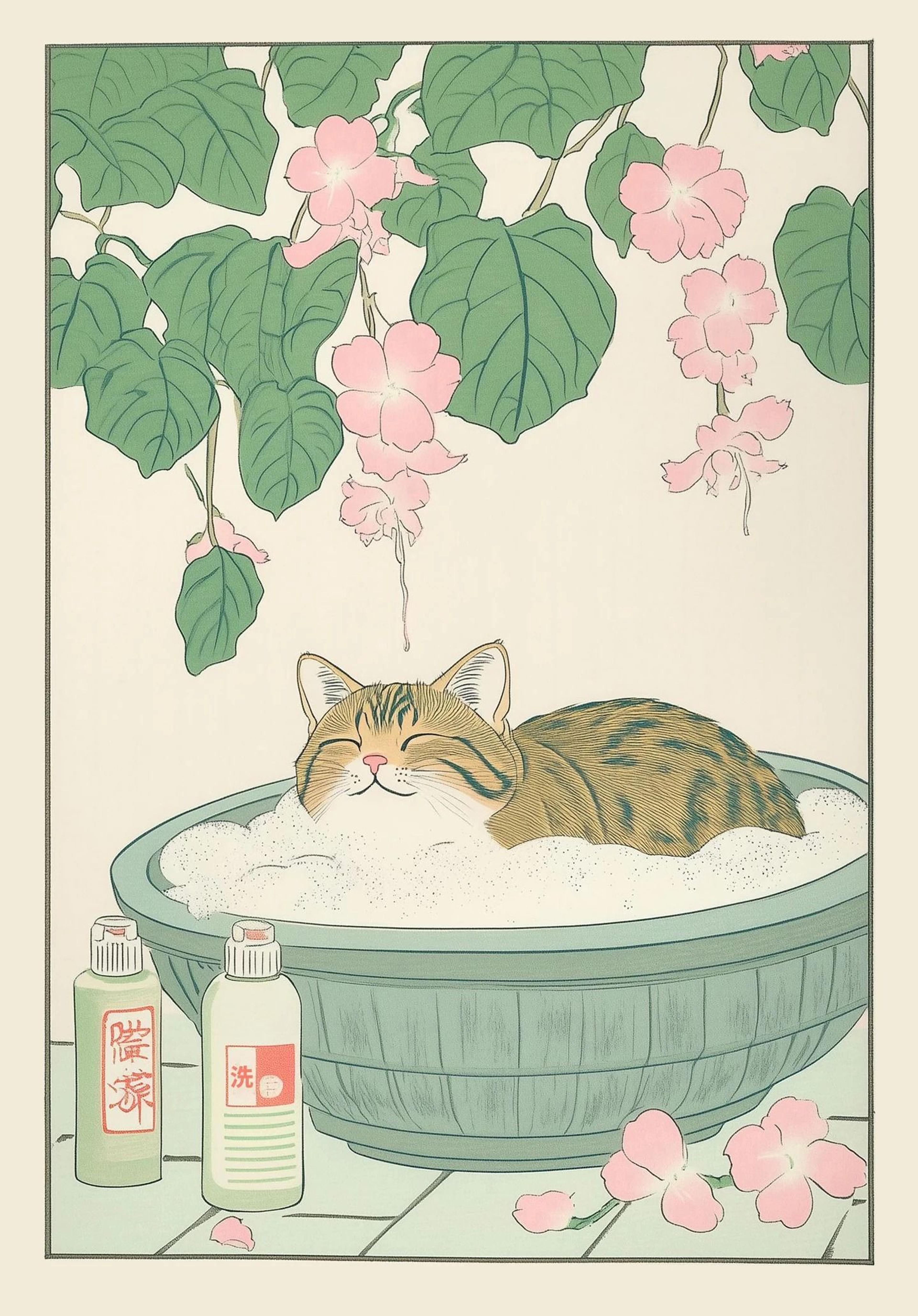 Japanese Tabby Cat In Bathtub  Retro Aesthetic Japandi Canvas Art 7
