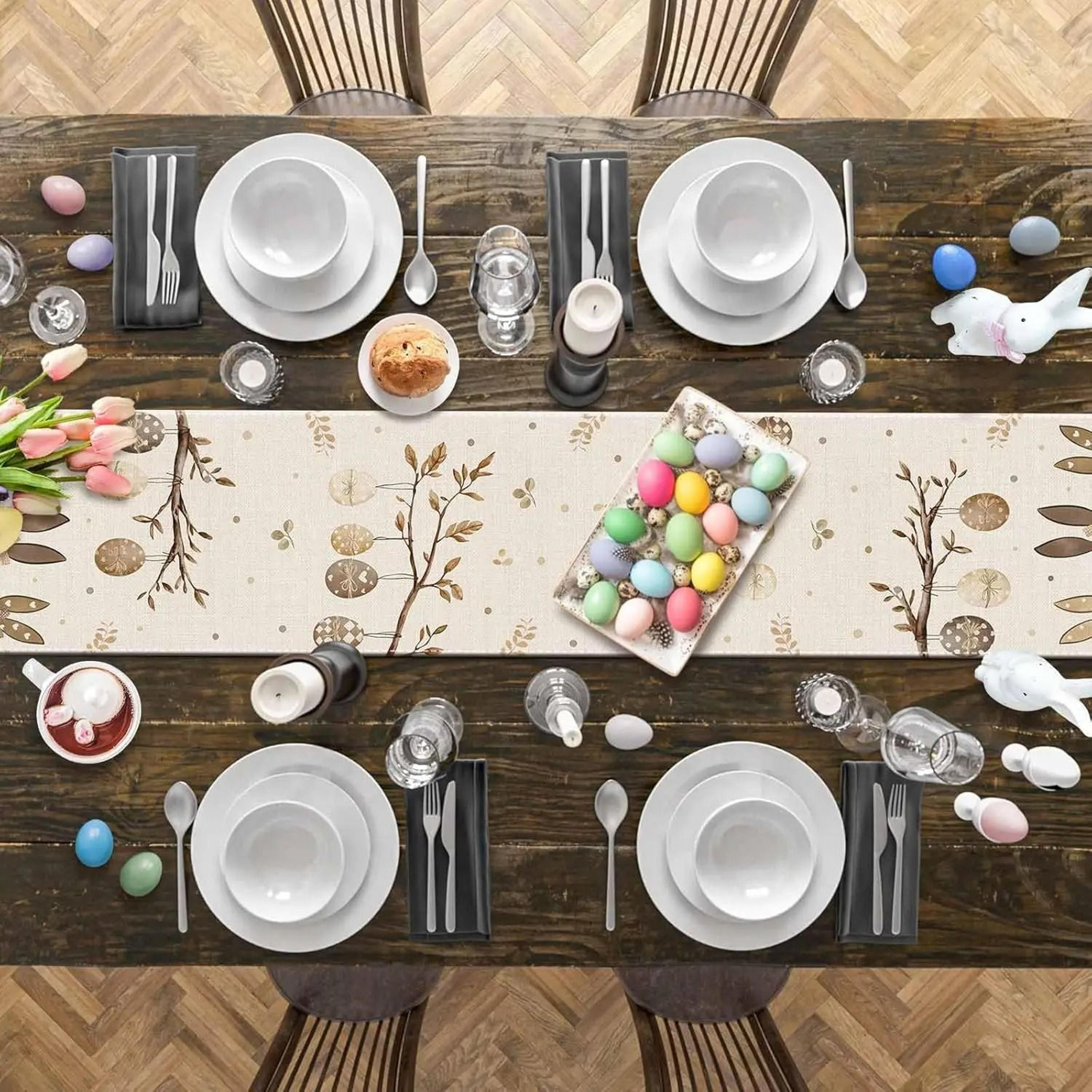 Easter Bunny  Eggs Linen Table Runner  Rustic Spring Botanical Dresser Scarf  Kitchen Holiday Party 3