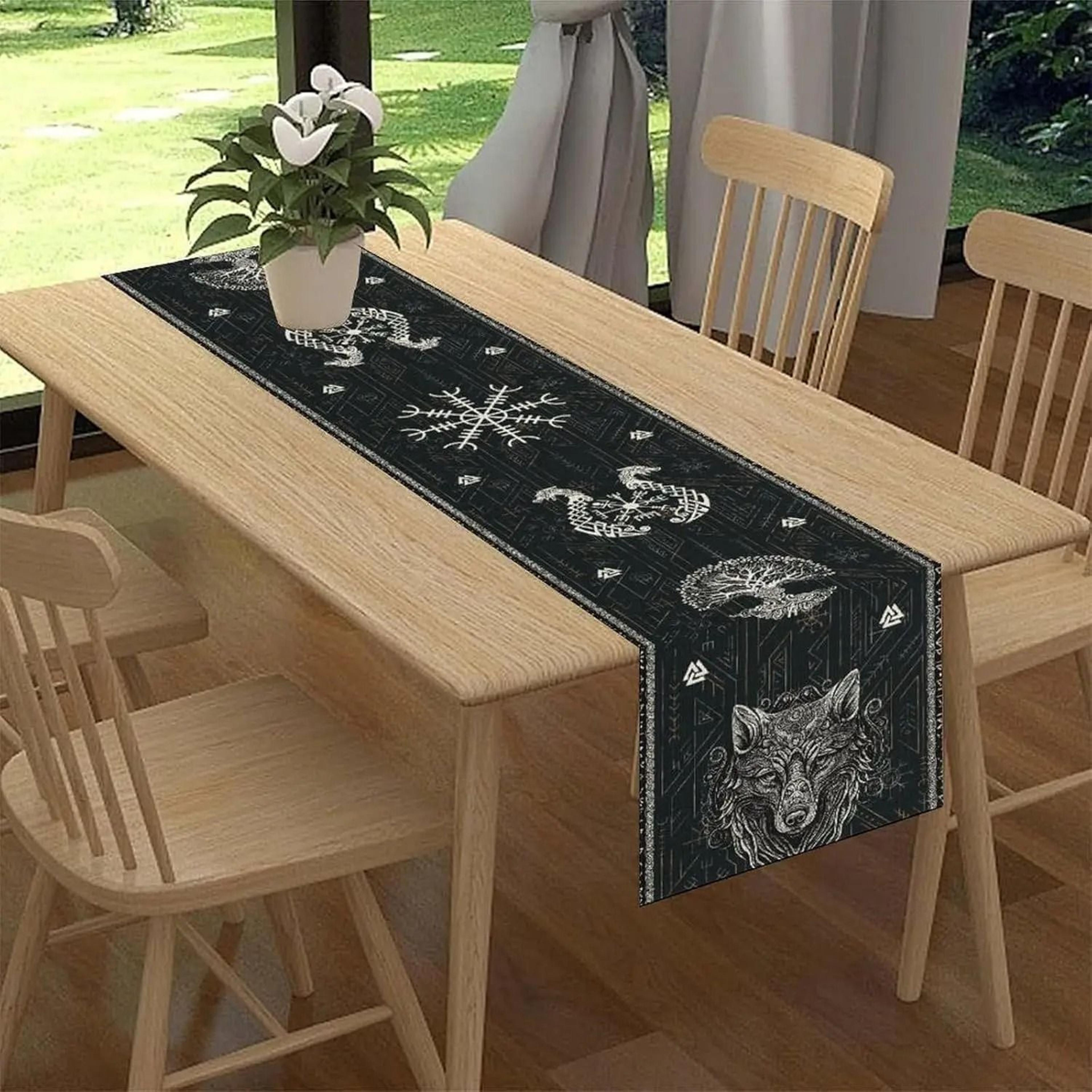 Norse Viking Raven  Tree Of Life Linen Table Runner  Mythology Themed Holiday Party Decor  Kitchen  1
