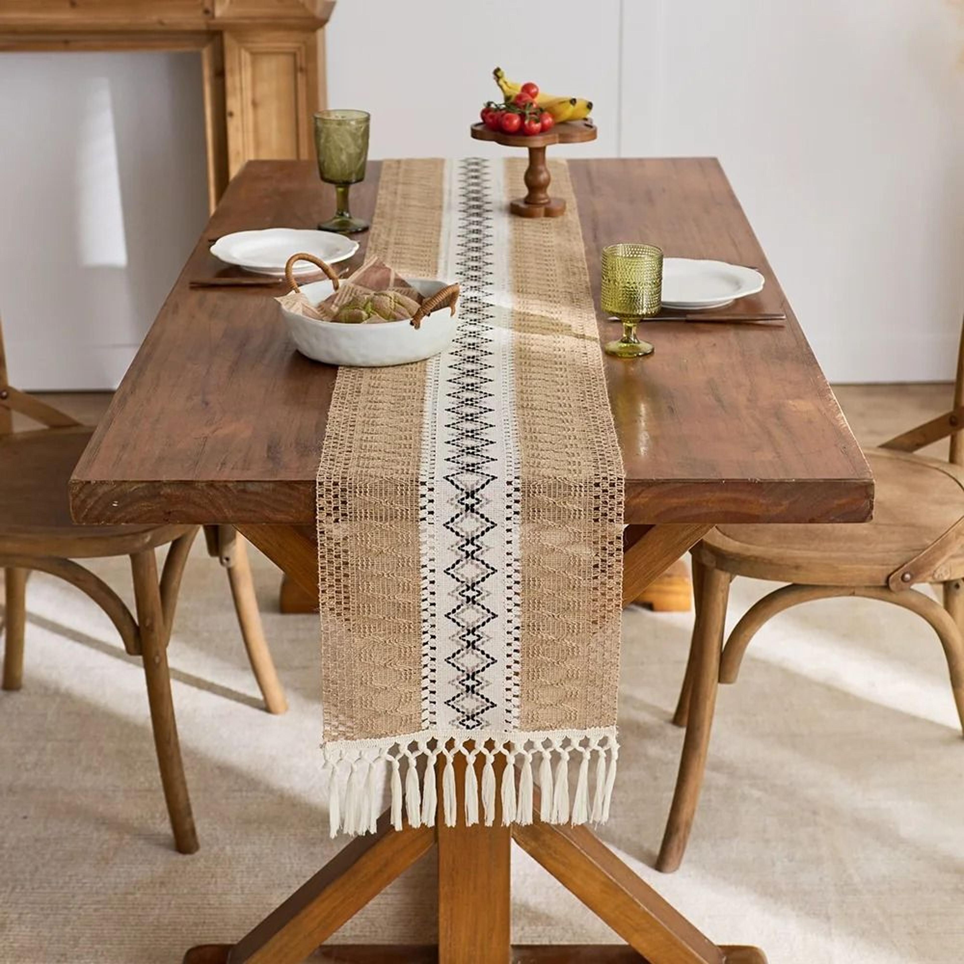 Boho Farmhouse Table Runner  Rustic Brown Macrame  Burlap Table Decoration With Tassels For Living  1