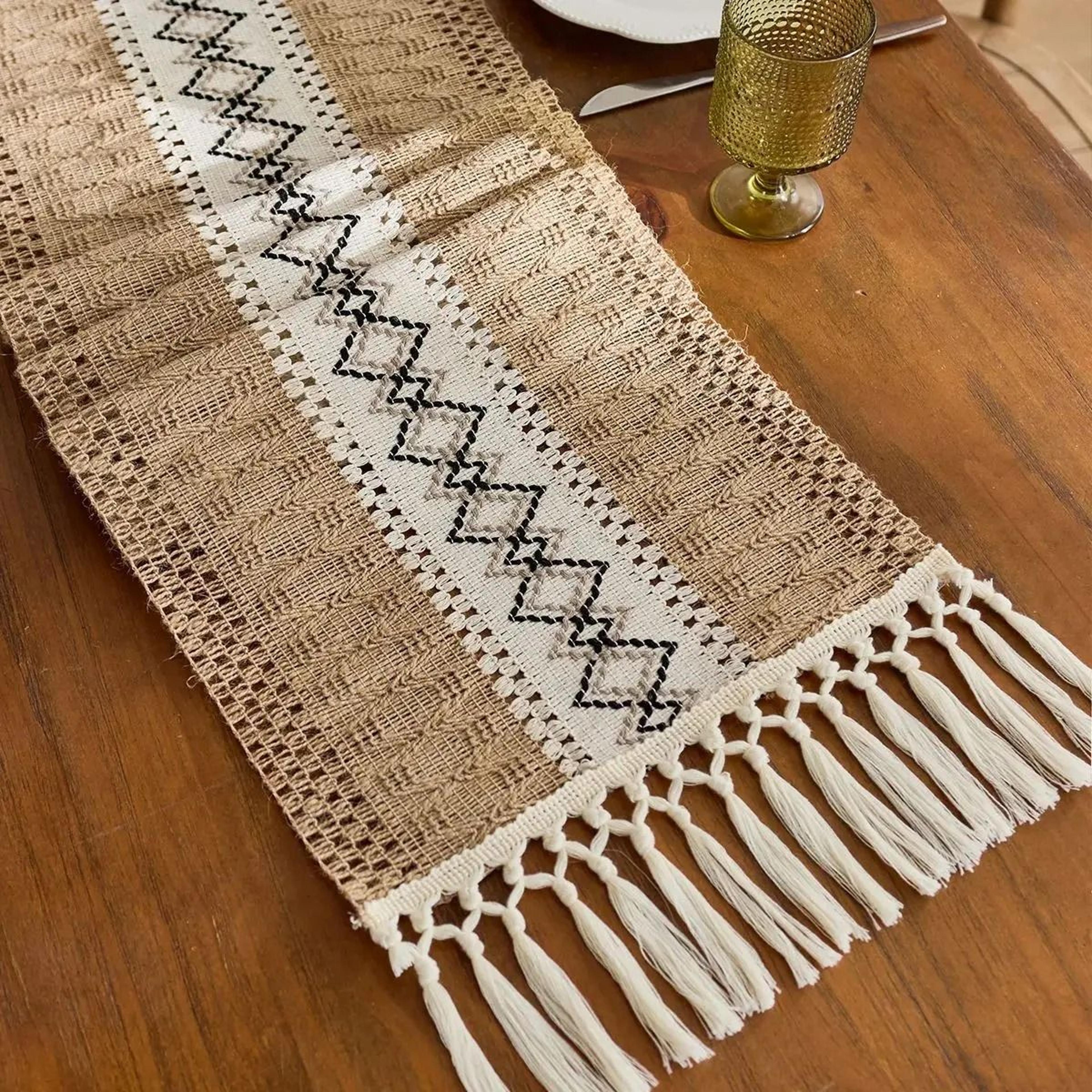 Boho Farmhouse Table Runner  Rustic Brown Macrame  Burlap Table Decoration With Tassels For Living  5