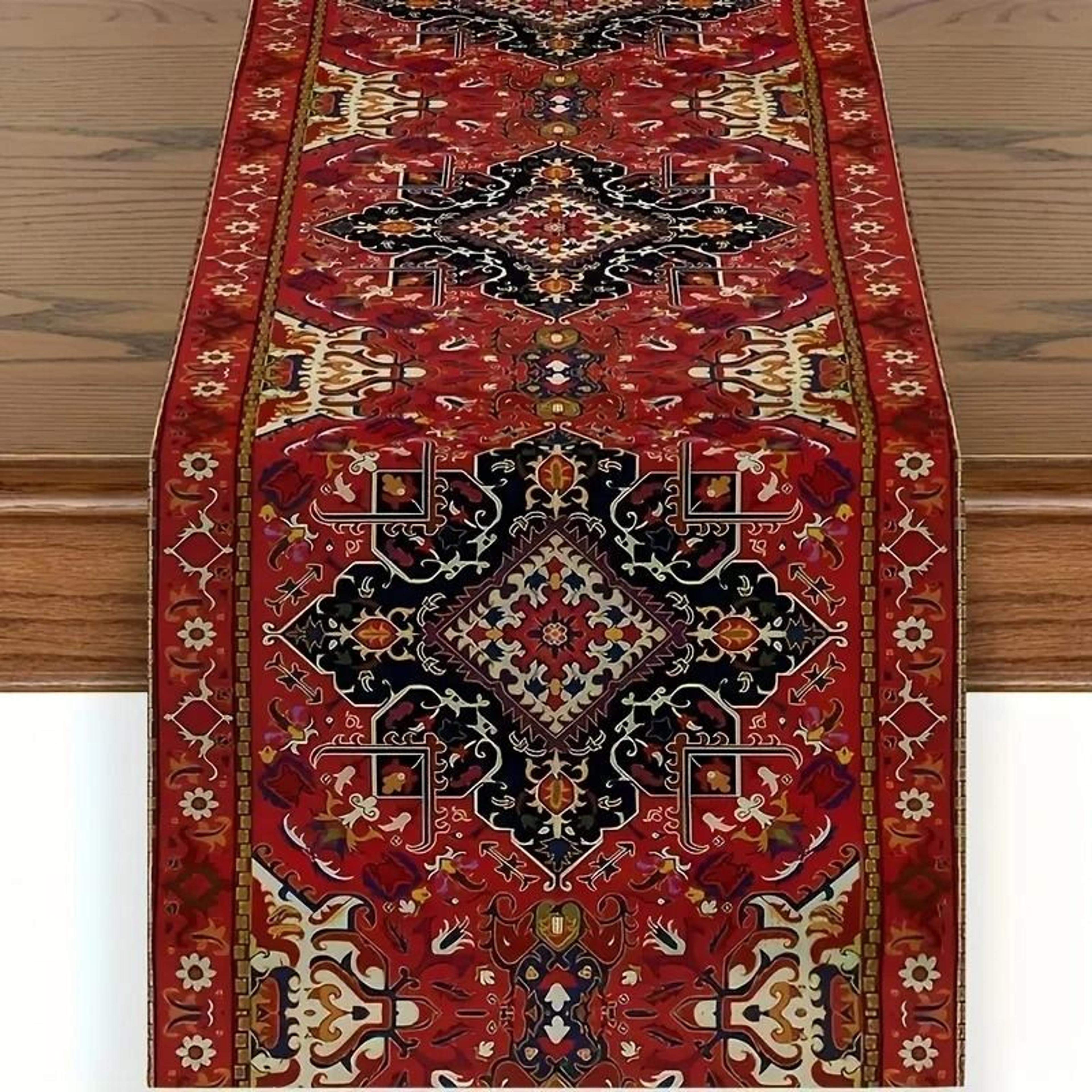 vibrant bohemian style table runner – rich red persian antique stripe pattern for wedding celebrations & global home dec
