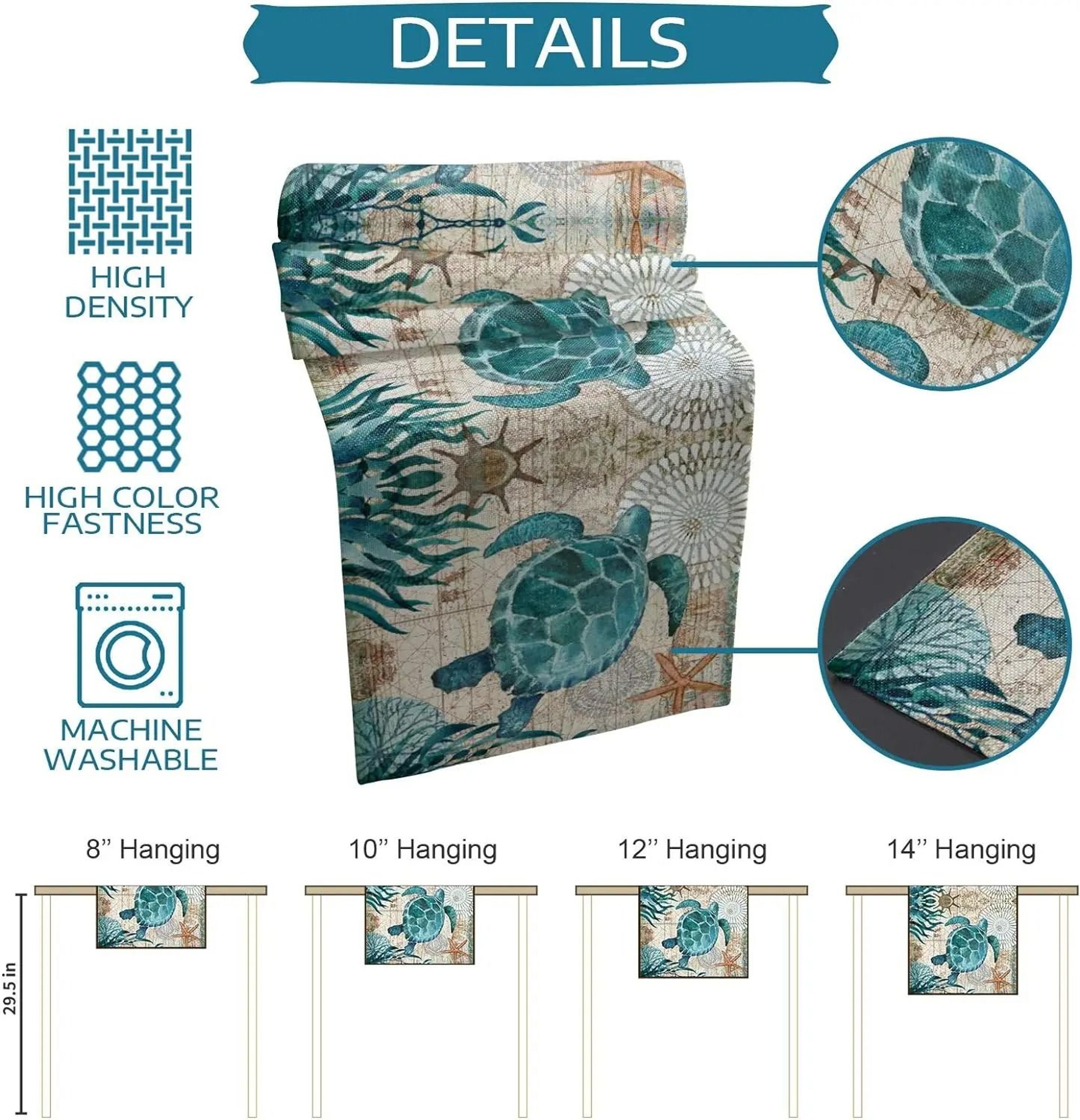 Nautical Sea Turtle  Starfish Linen Table Runner  Coastal Marine Dresser Scarf  Farmhouse Kitchen T 5