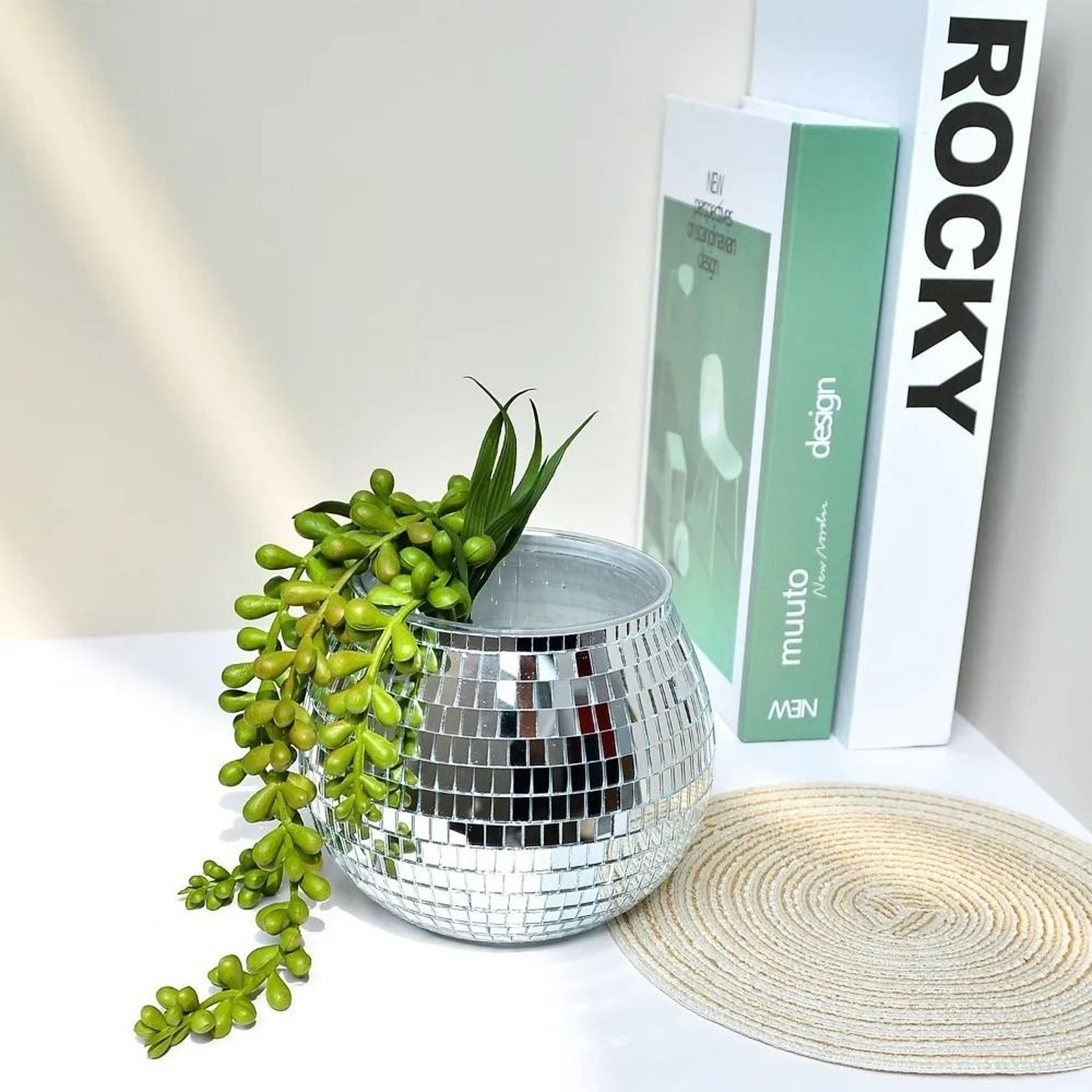 disco ball flower pot – silver mirror glass planter – high-yield botanical interaction hub