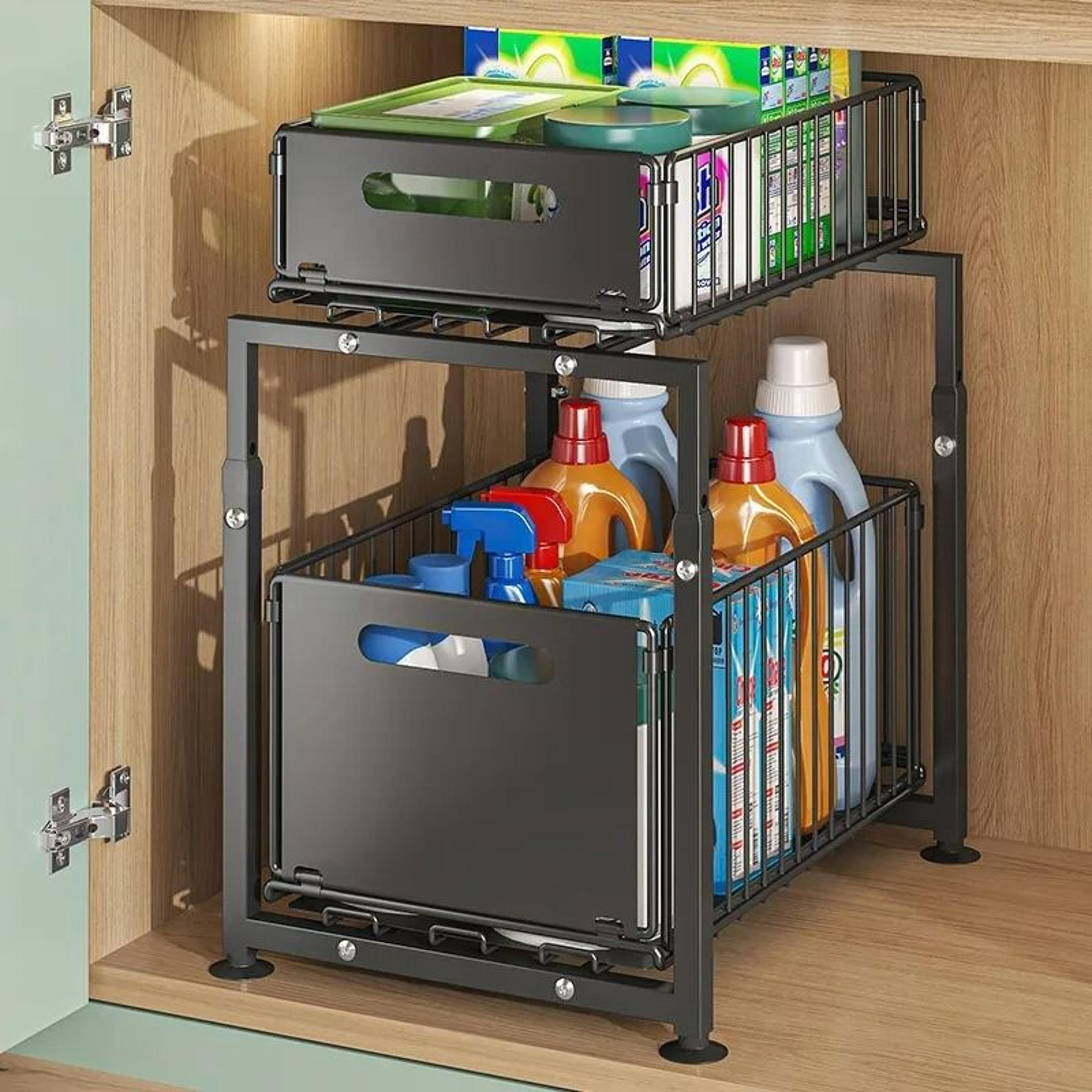UnderSink Sliding Storage Rack  2Tier PullOut Cabinet Organizer Basket For Spices Snacks  Bathroom  3