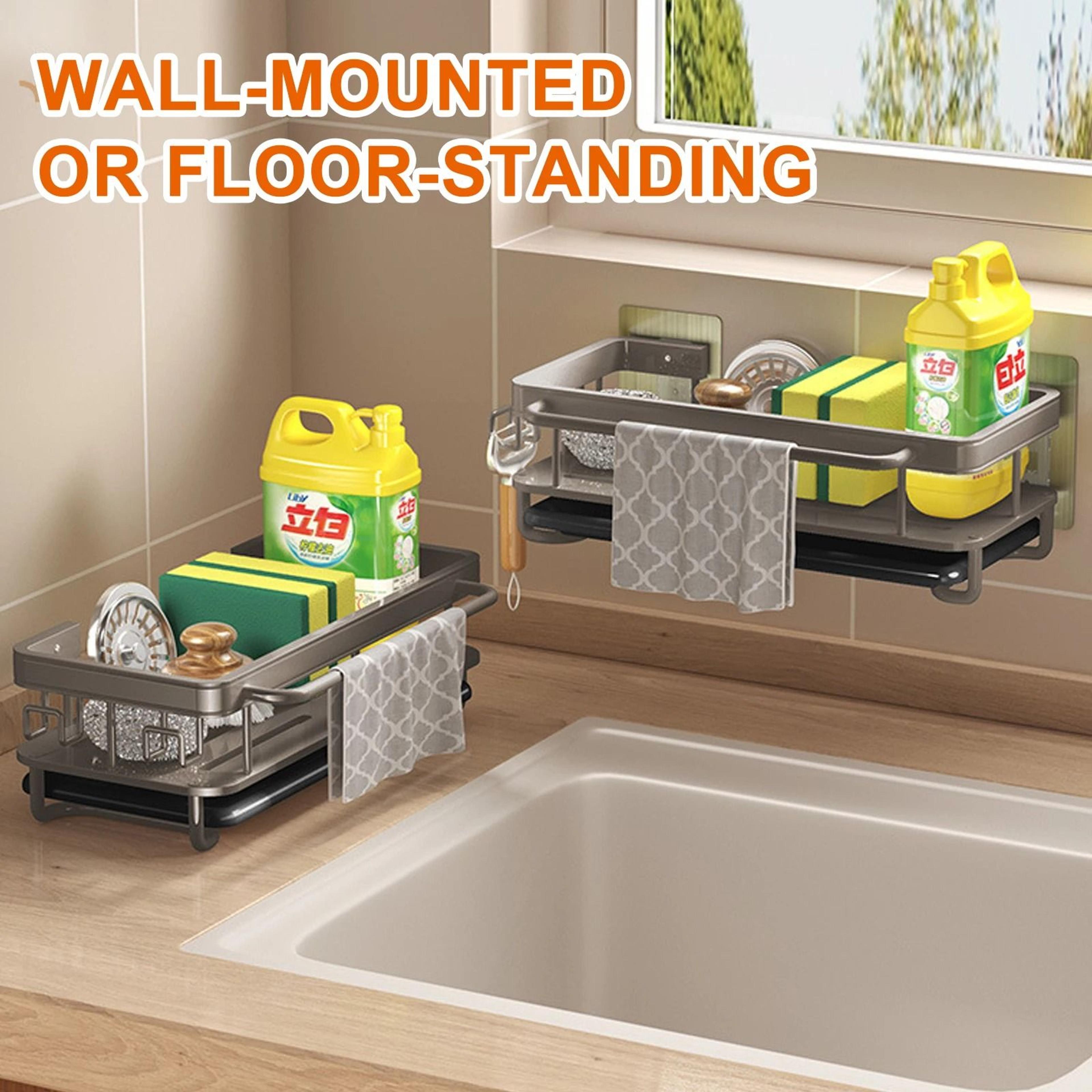 Aluminum Kitchen Sink Drain Rack With Removable Drip Tray  MultiFunctional Soap Sponge And Dishclot 5