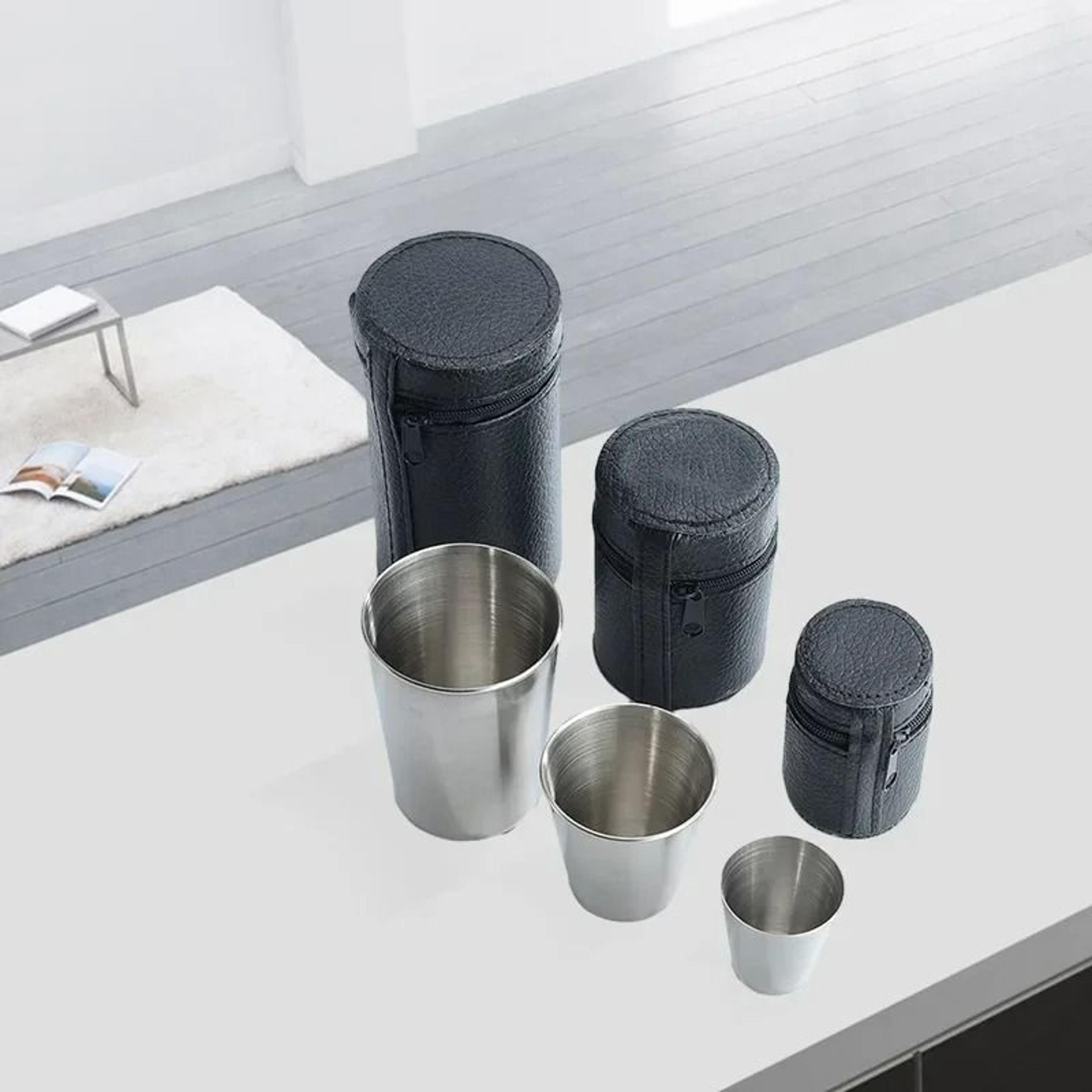 4Piece Portable Stainless Steel Mini Travel Cup Set With Leather Case 2