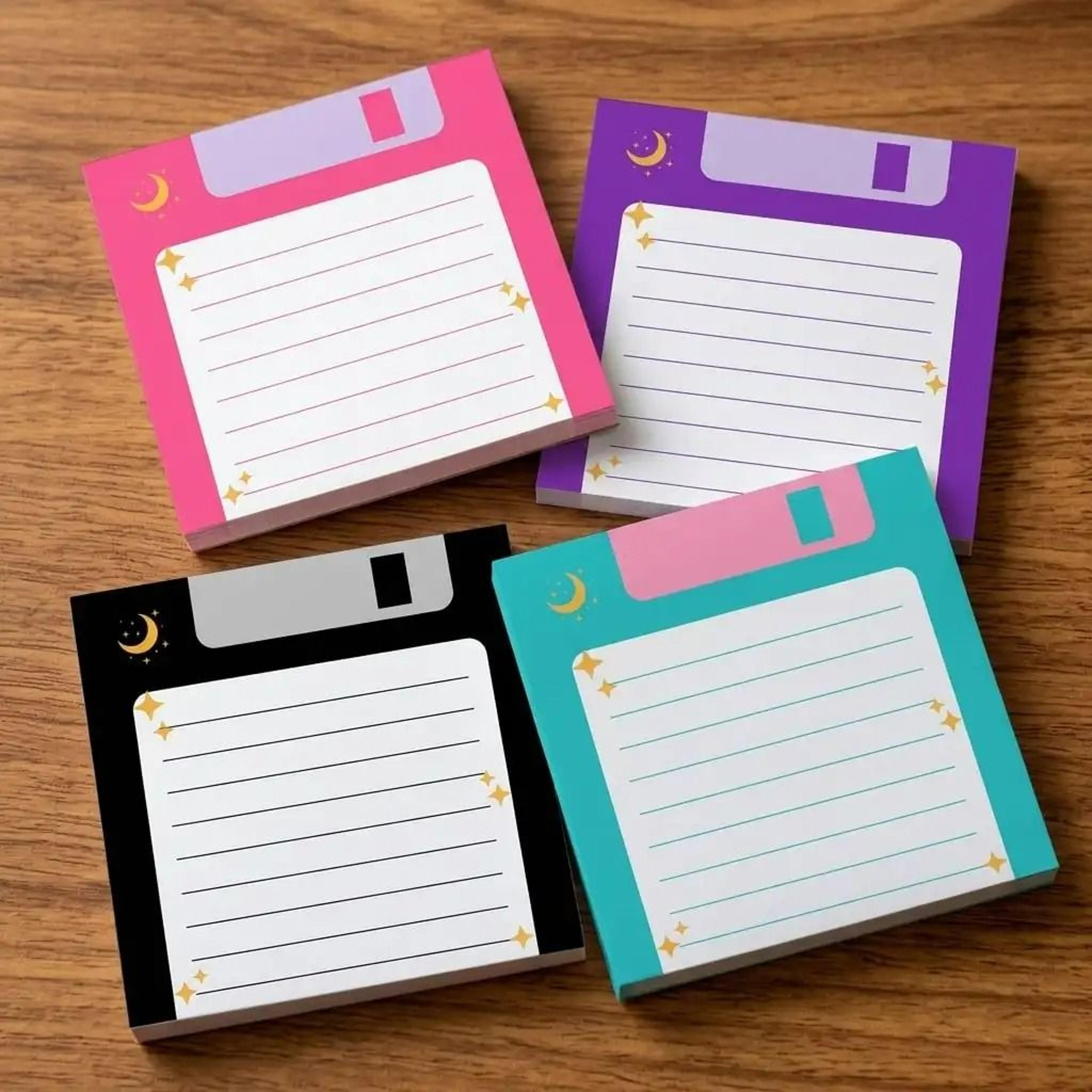 4 pack retro floppy disk sticky notes with celestial moon design for desk decor