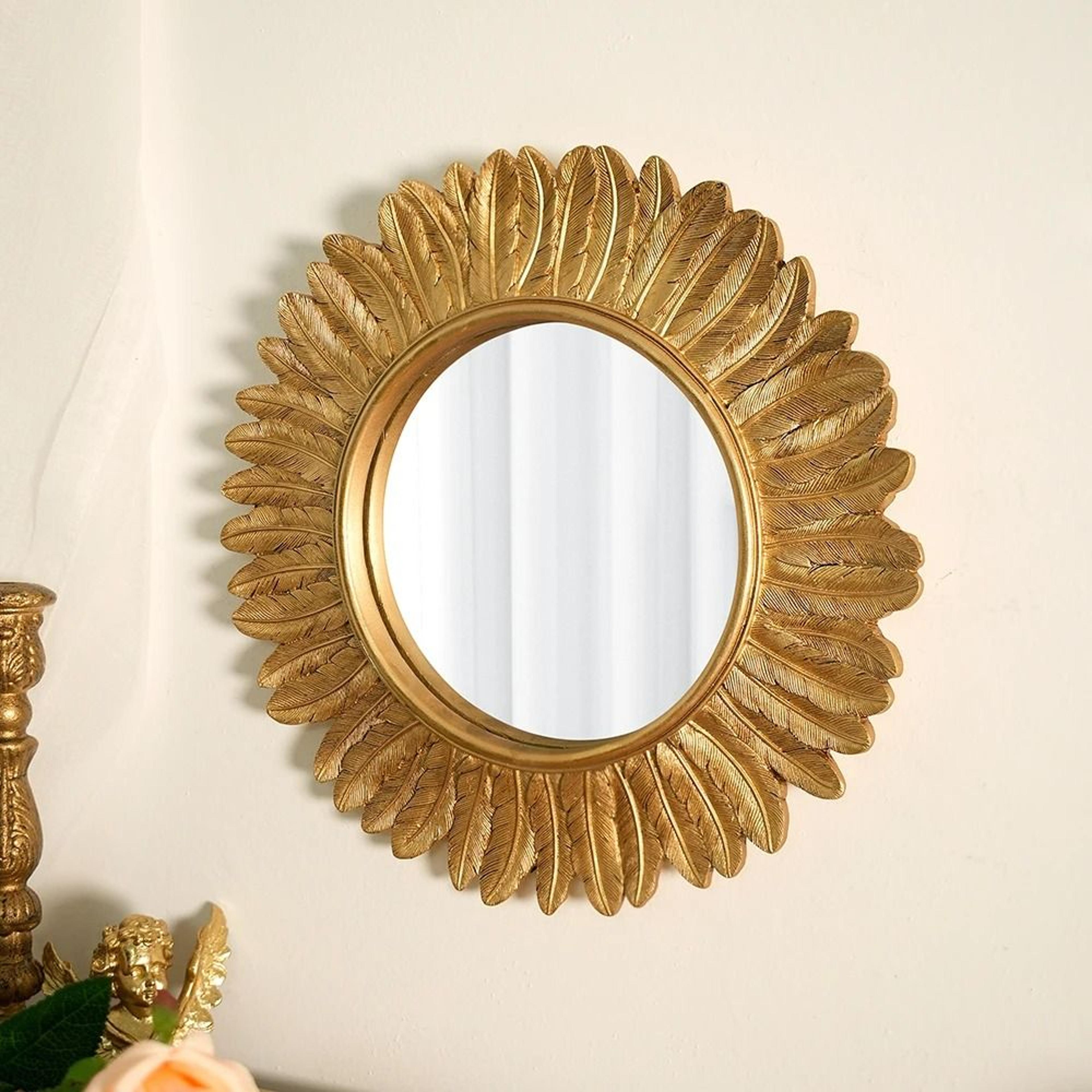 Vintage Gold Feather Round Resin Sunburst Wall Mirror 2