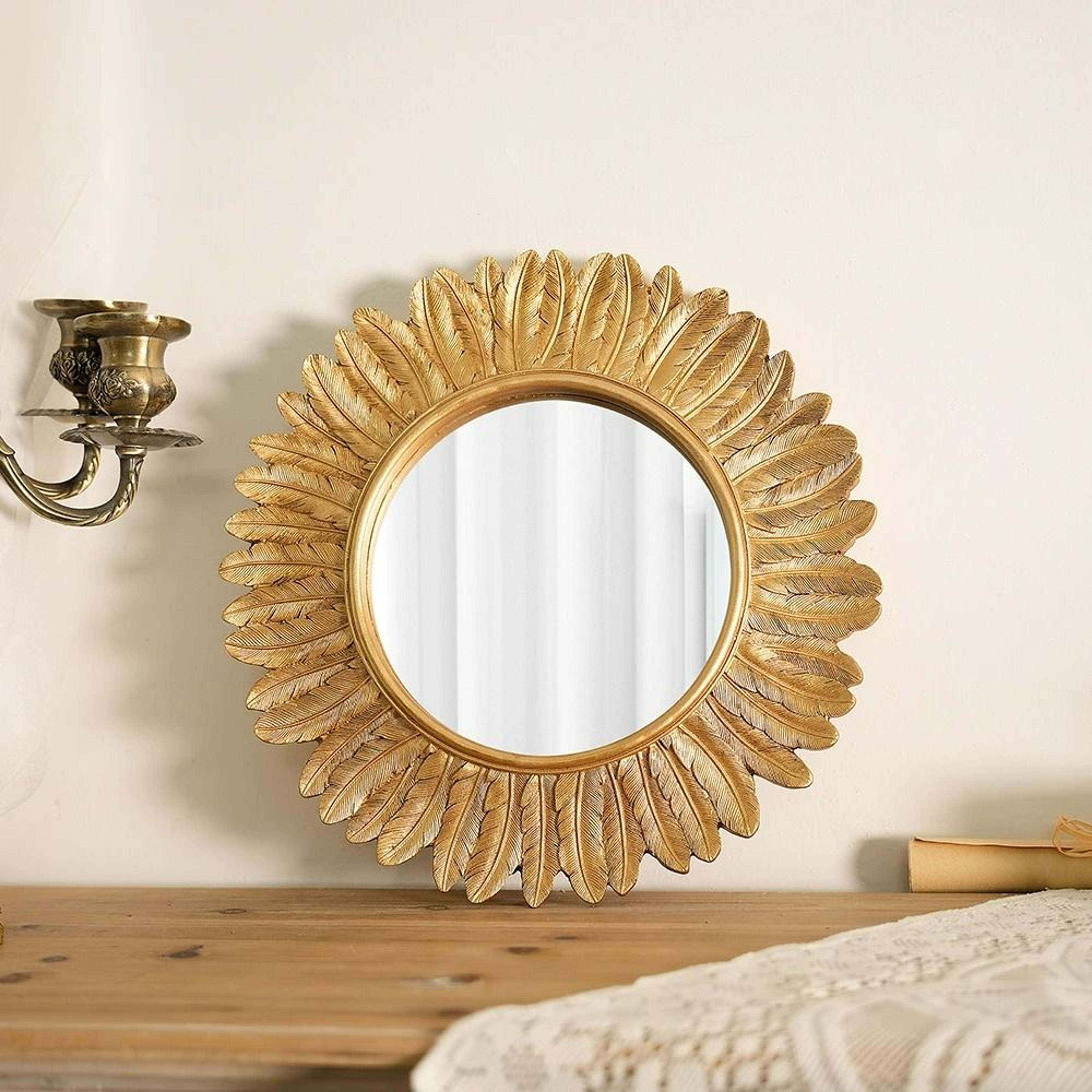 Vintage Gold Feather Round Resin Sunburst Wall Mirror 4