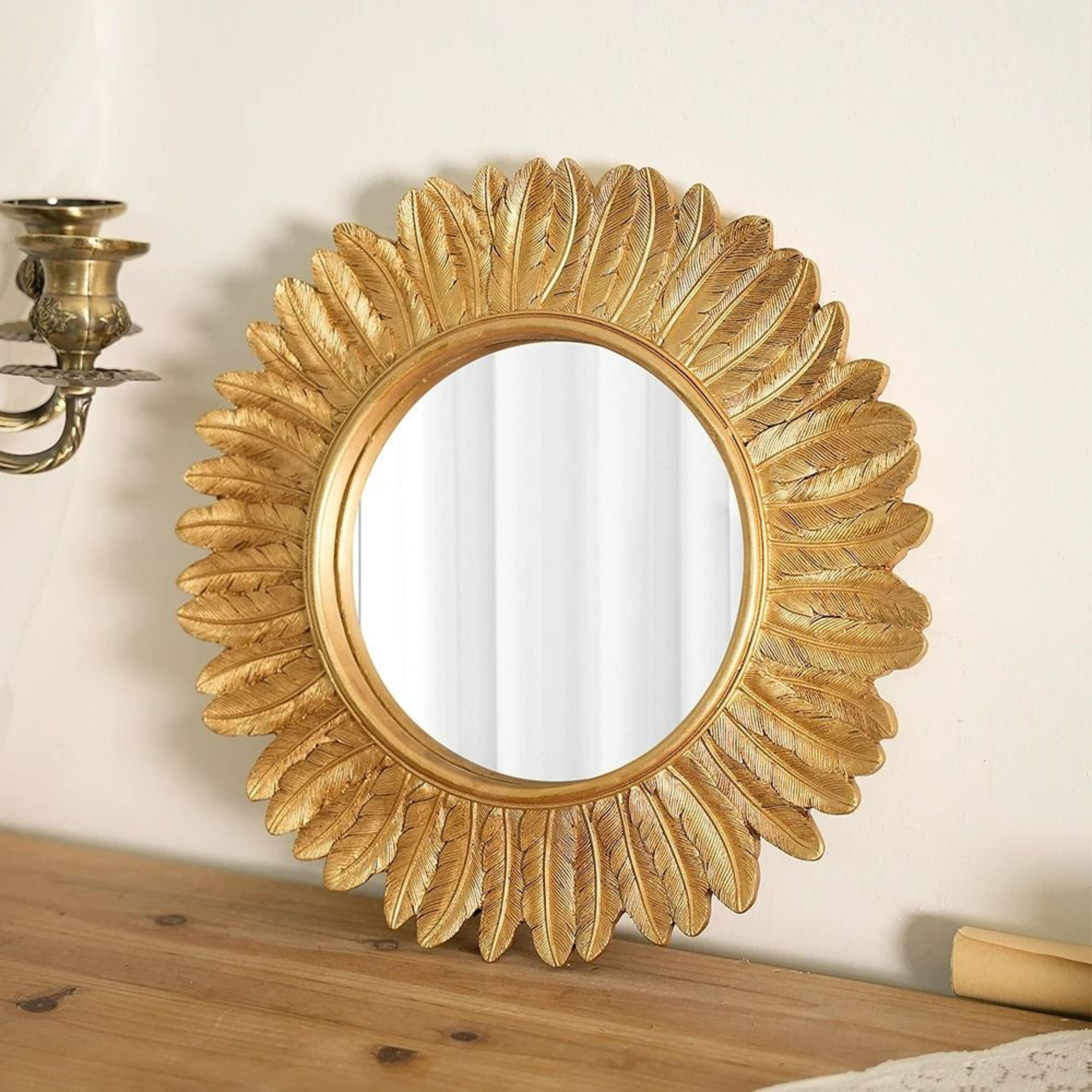 Vintage Gold Feather Round Resin Sunburst Wall Mirror 5
