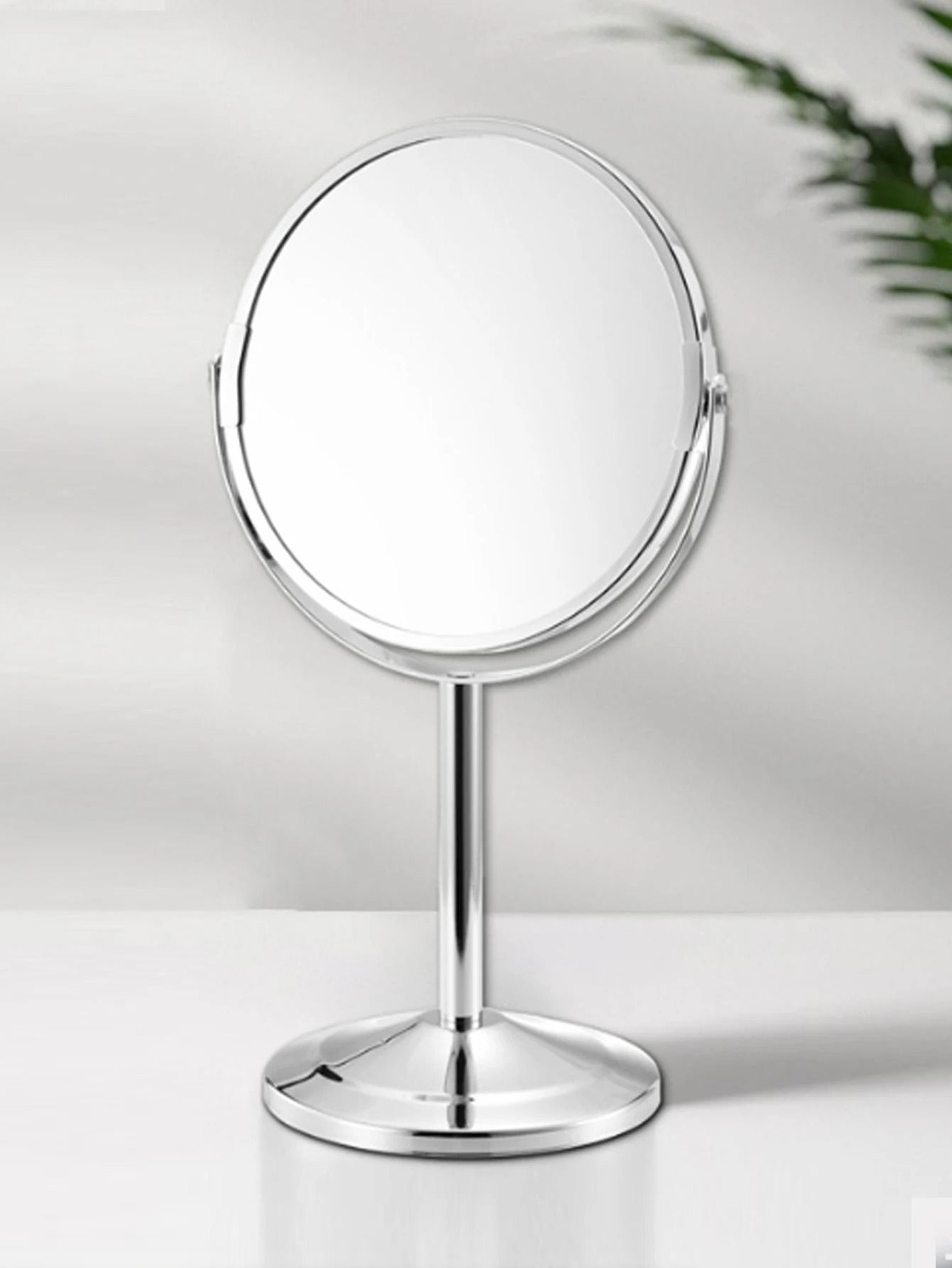 large silver double-sided tabletop magnifying cosmetic mirror