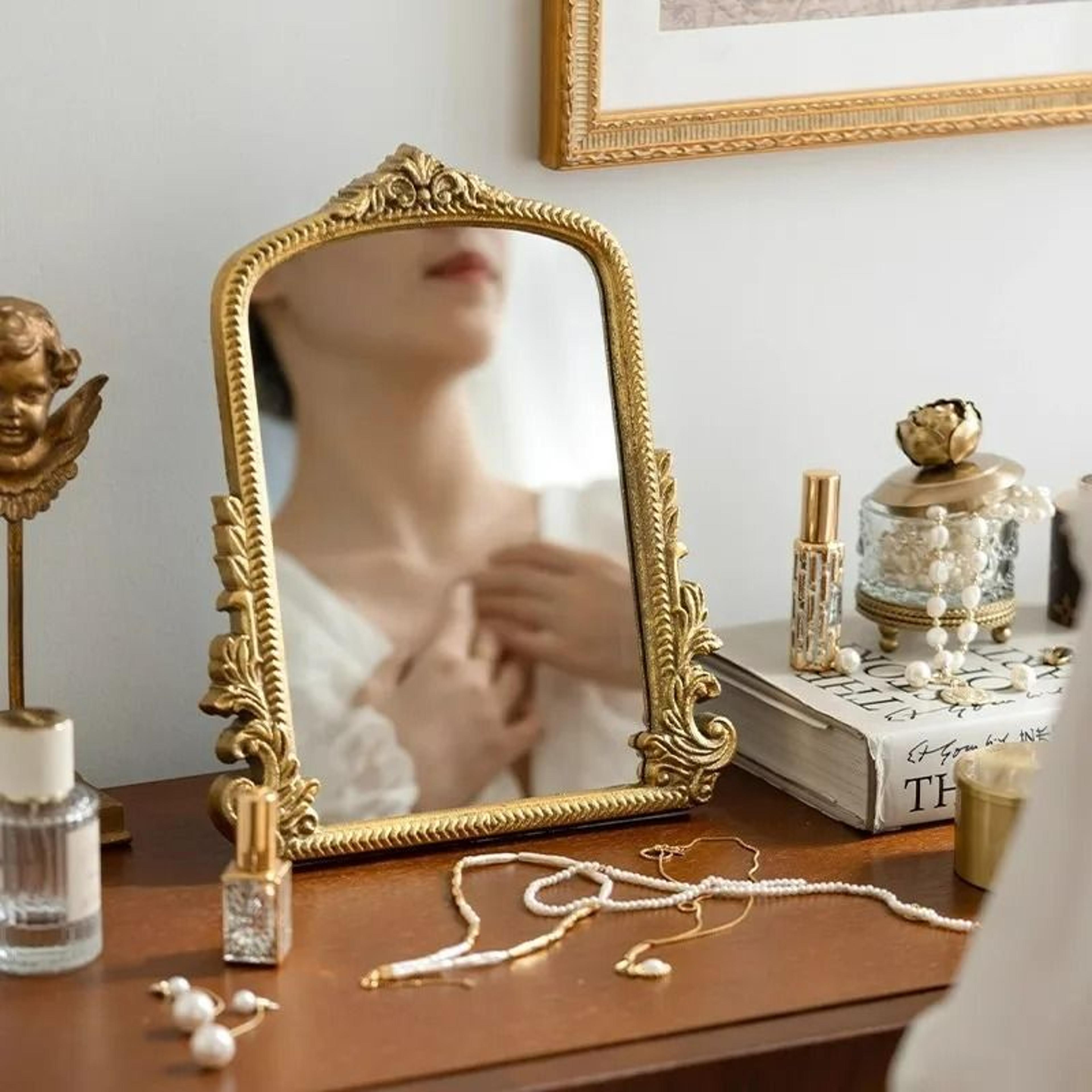 Vintage Antique Gold Arch Tabletop Vanity Mirror 4