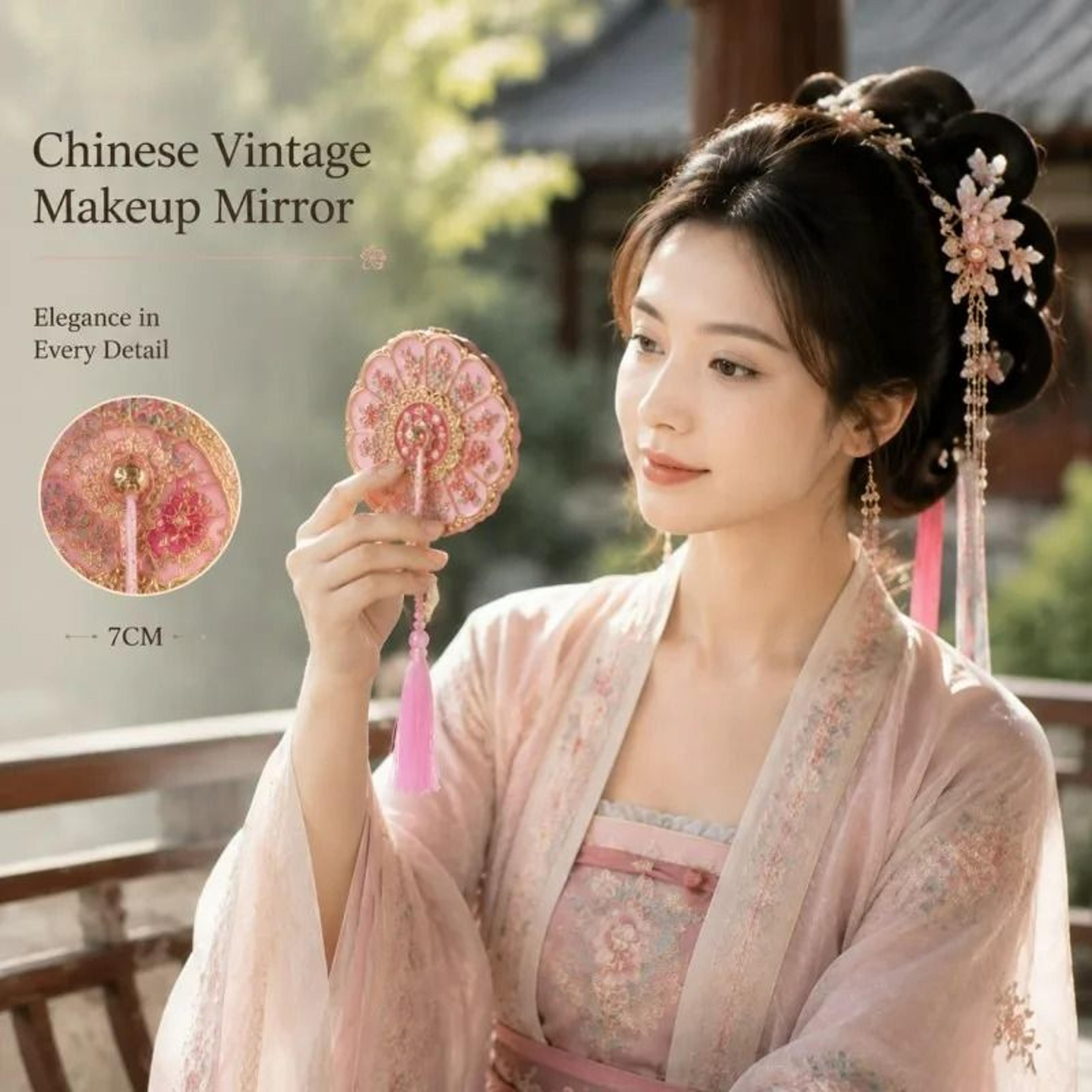 AncientStyle Chinese Flower Pattern Handheld Cosmetic Mirror 3