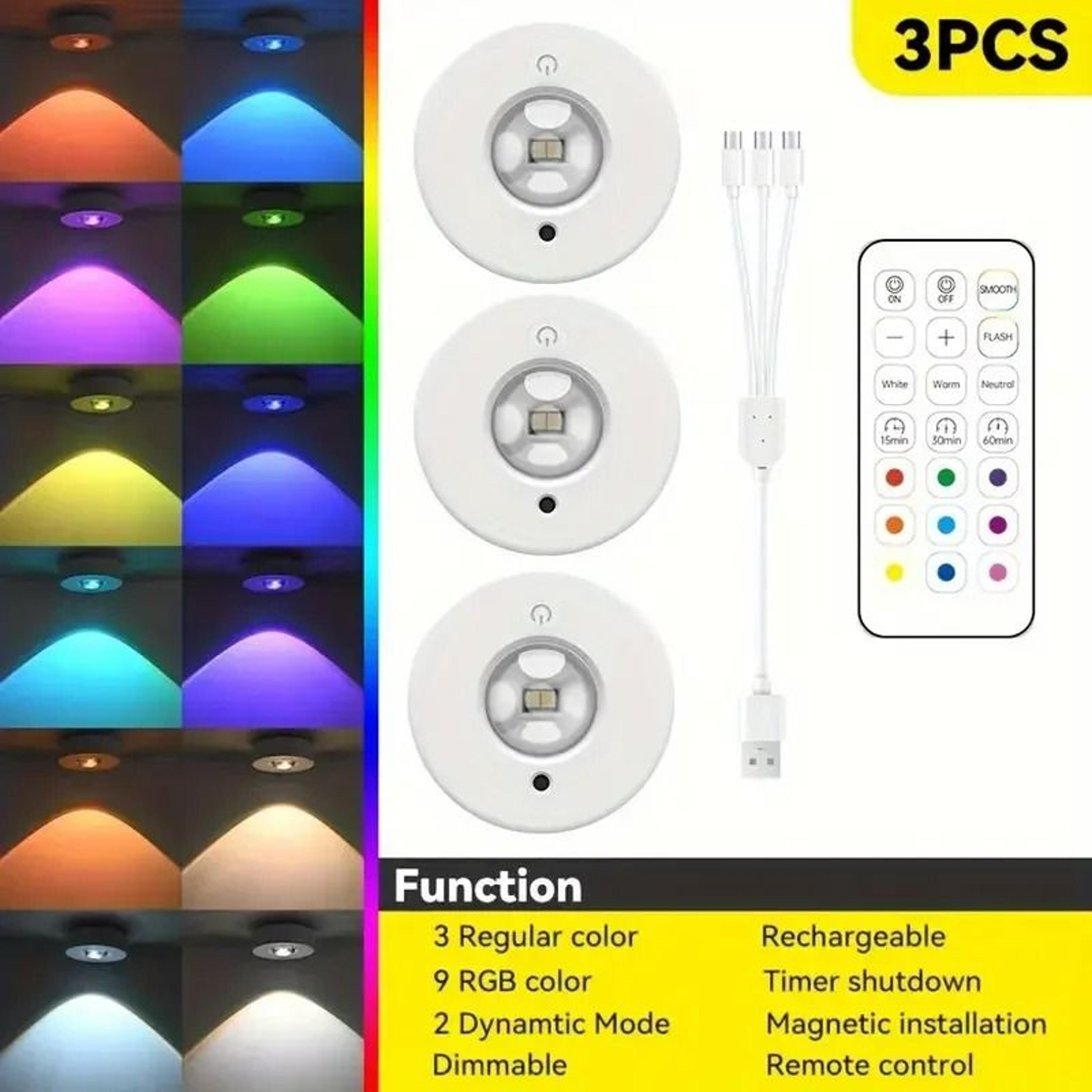 Rechargeable RGB 12Color Magnetic LED Puck Lights With Remote Control 3 Pack 7