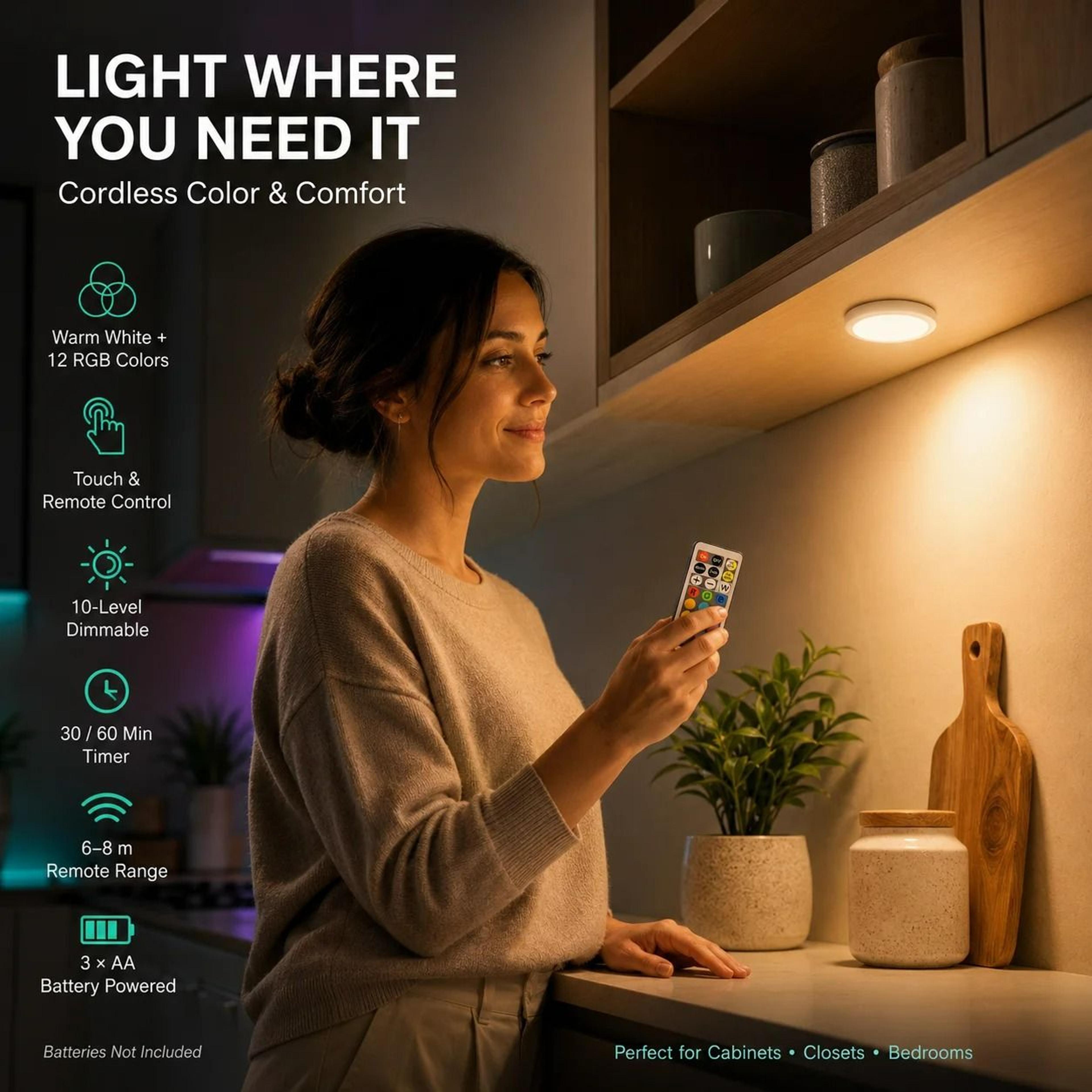 Dimmable Multicolor LED Puck Light With Remote Control 5