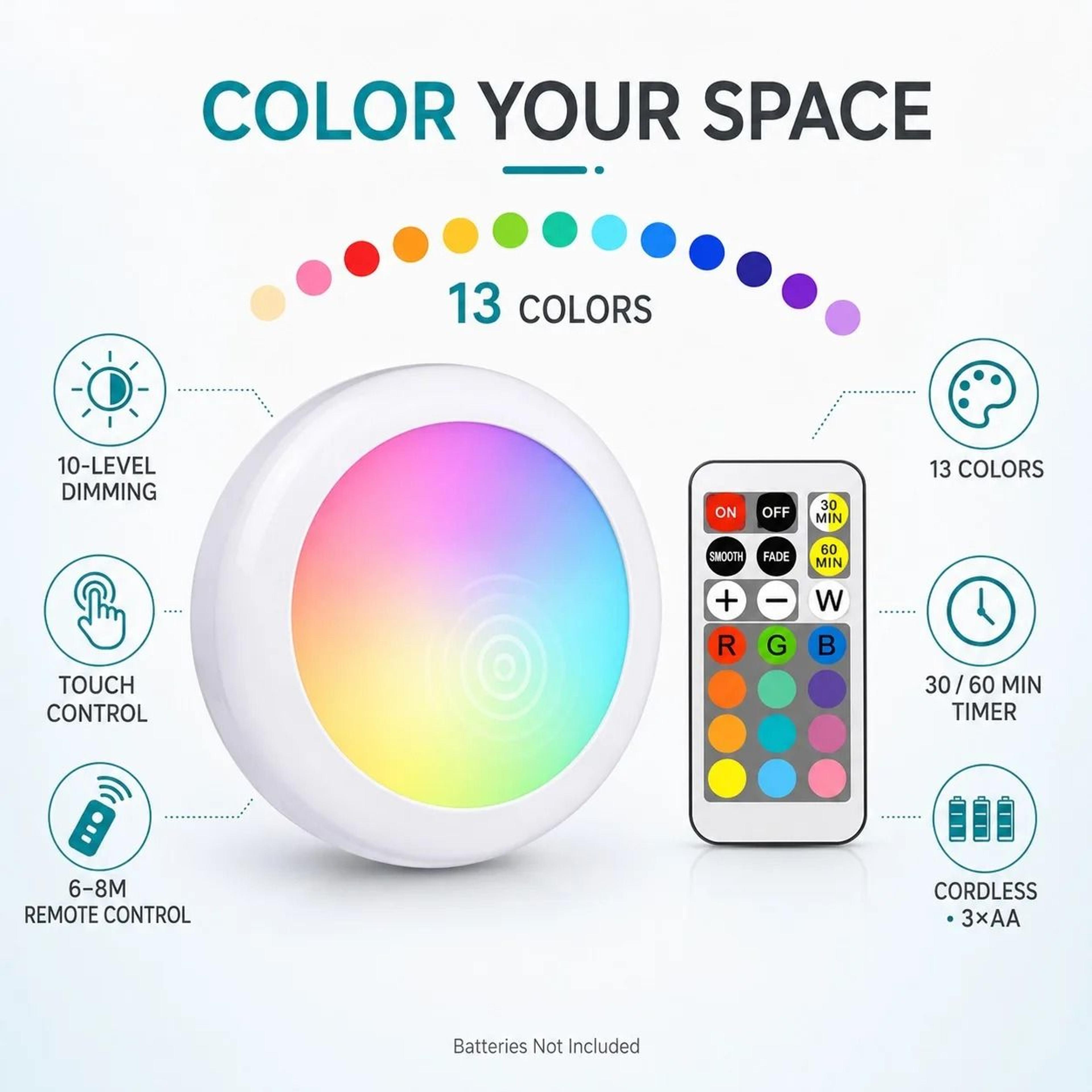 Dimmable Multicolor LED Puck Light With Remote Control 2