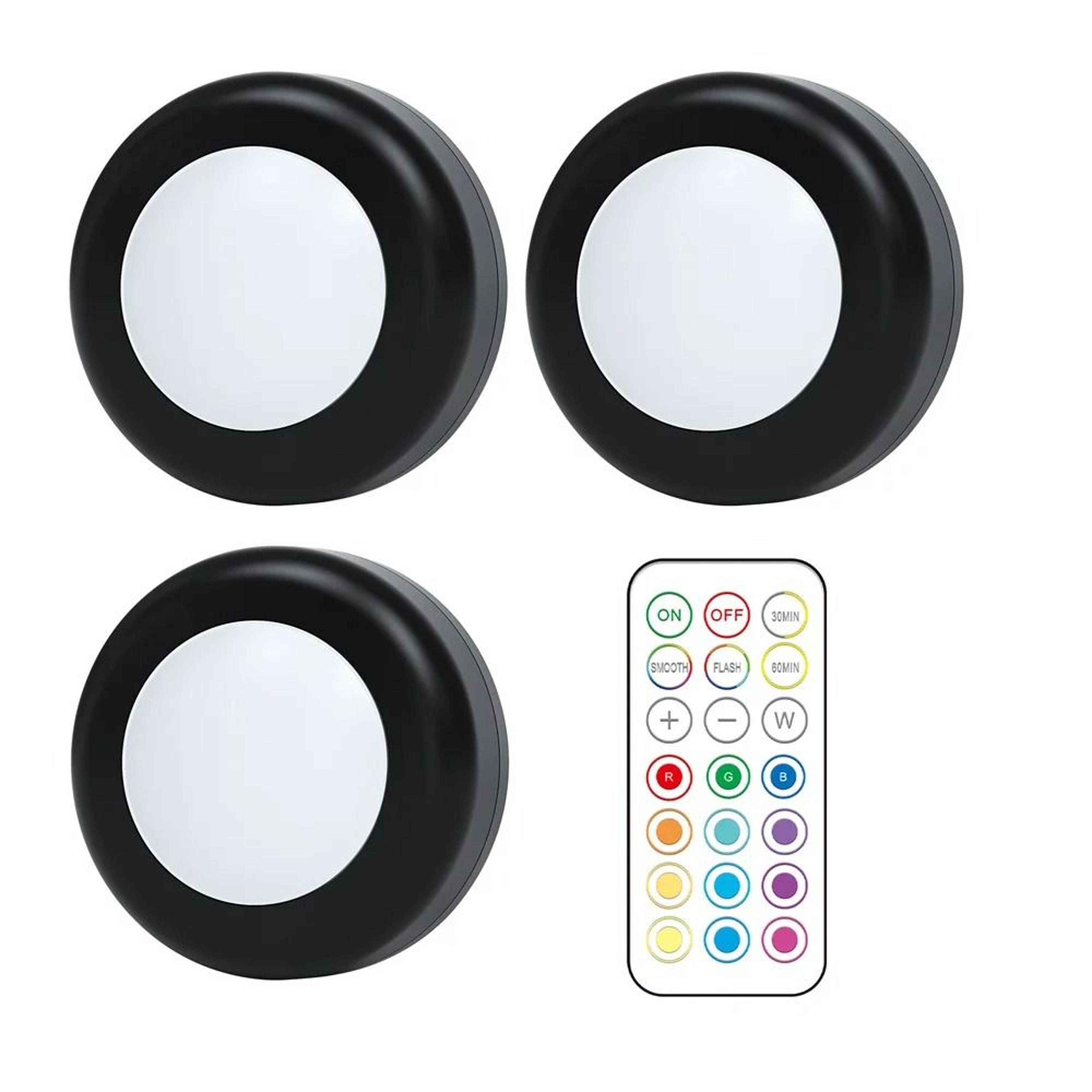 Battery Powered RGB Mini LED Puck Lights 3 Pack  62mm 8