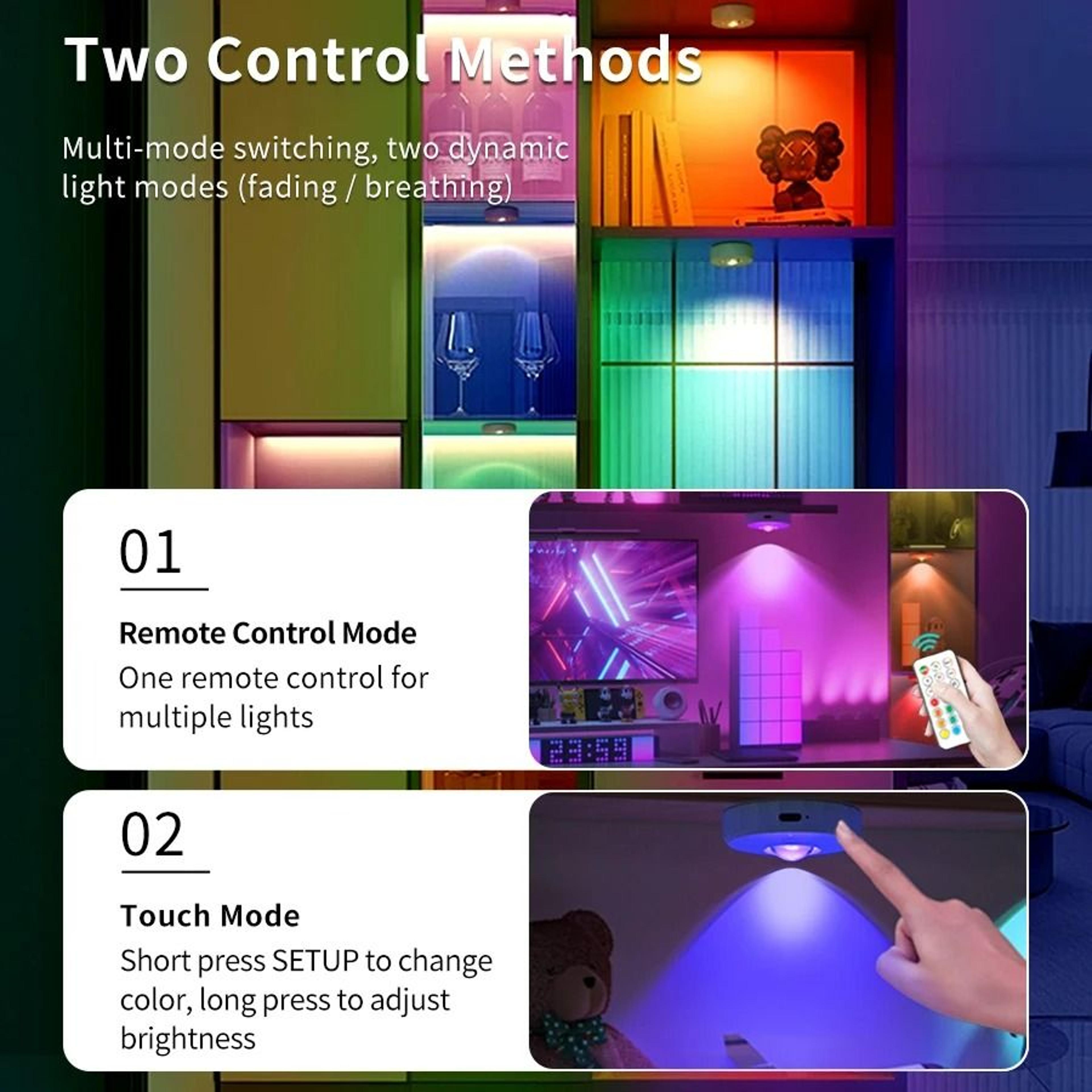 Rechargeable RGB LED Spotlight Set Wireless Dimmable Remote Control Puck Light 2